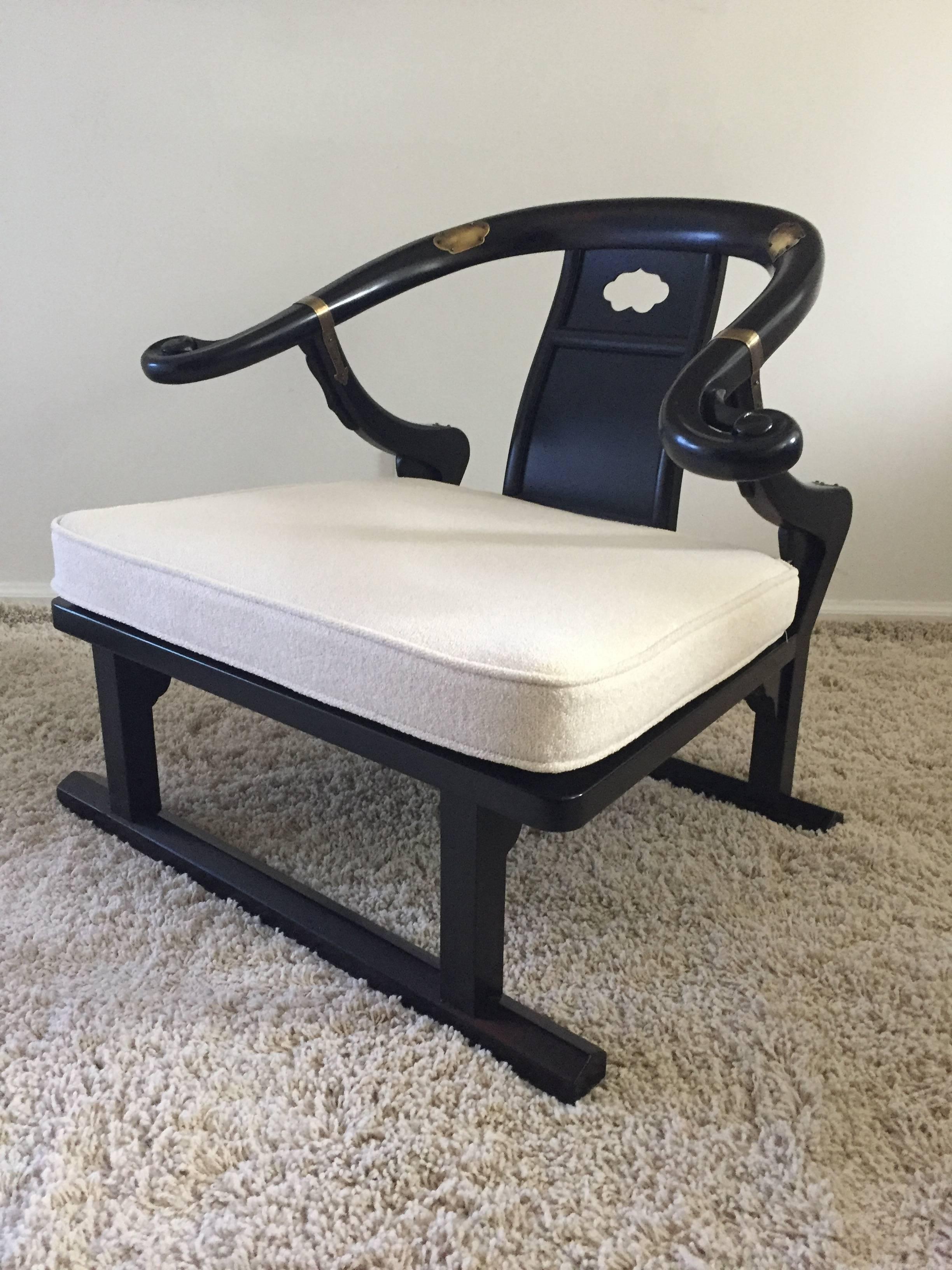 Pair of early Michael Taylor East West club chairs in black lacquer and bronze mount detail curved back and off-white nub Chenille., Asian influence.