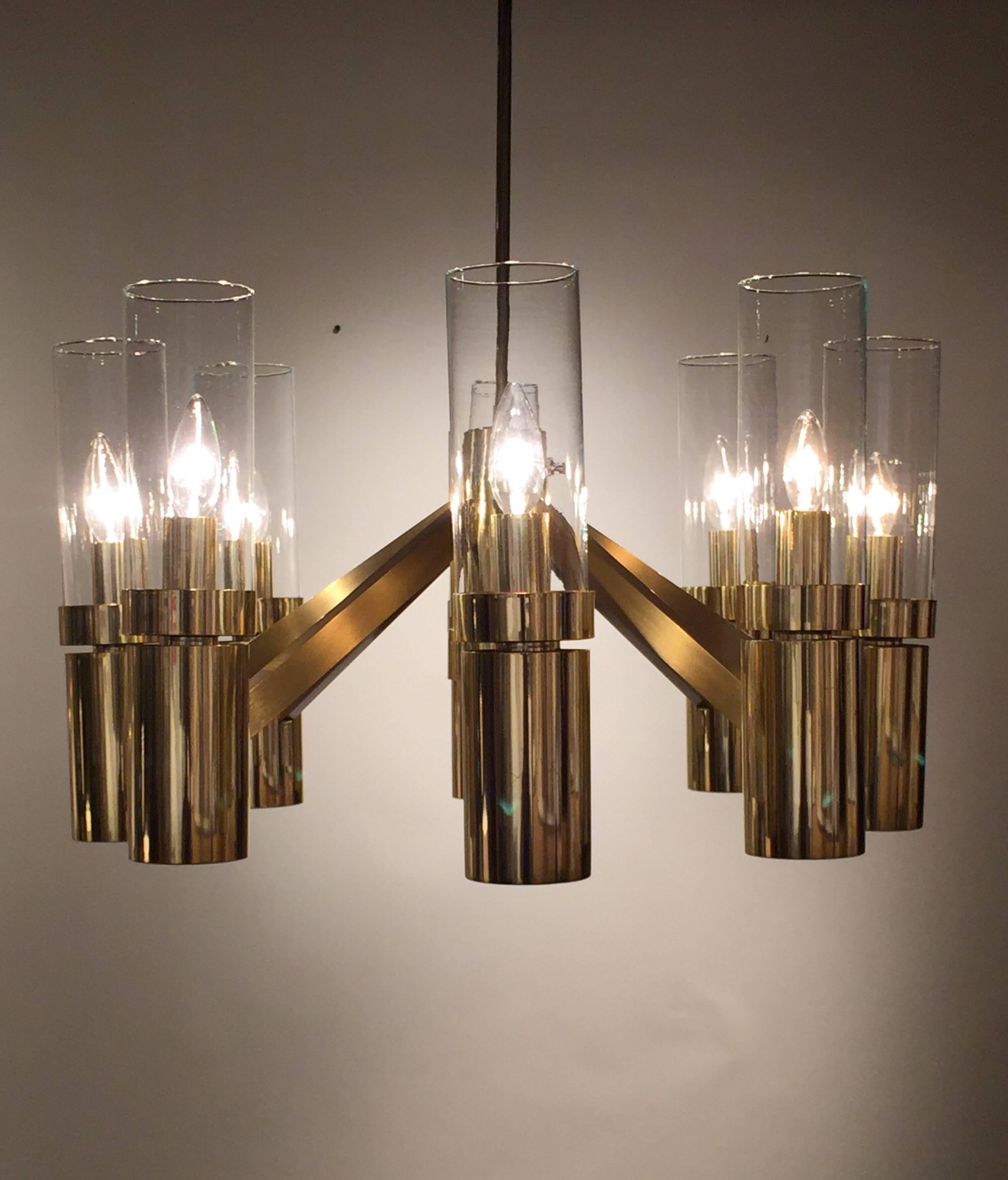 Gaetano Sciolari brass and glass Mid-Century cylinder chandelier.