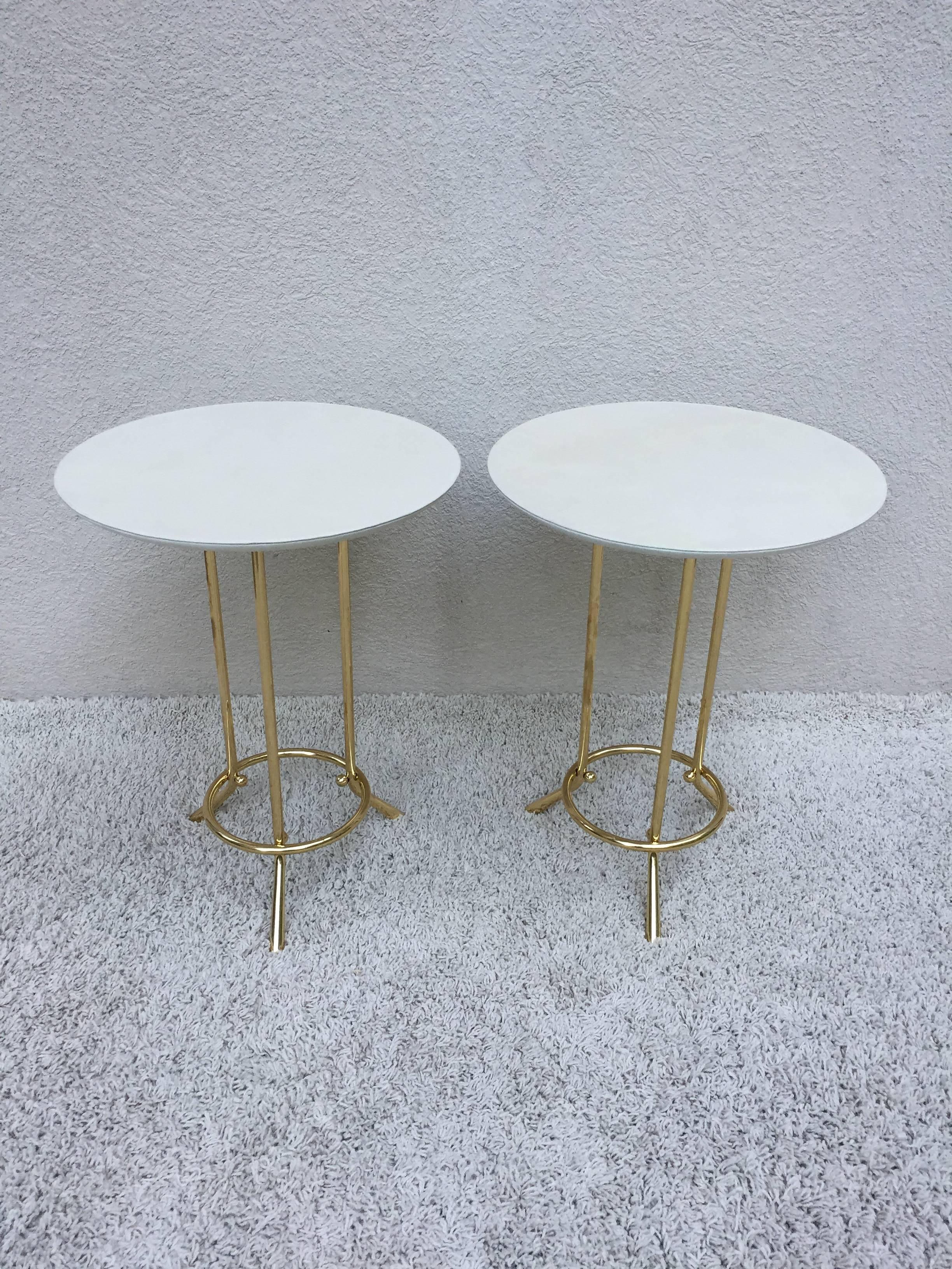 Pair of Cedric Hartman Style Brass Leather /Parchment Tables In Excellent Condition For Sale In Westport, CT