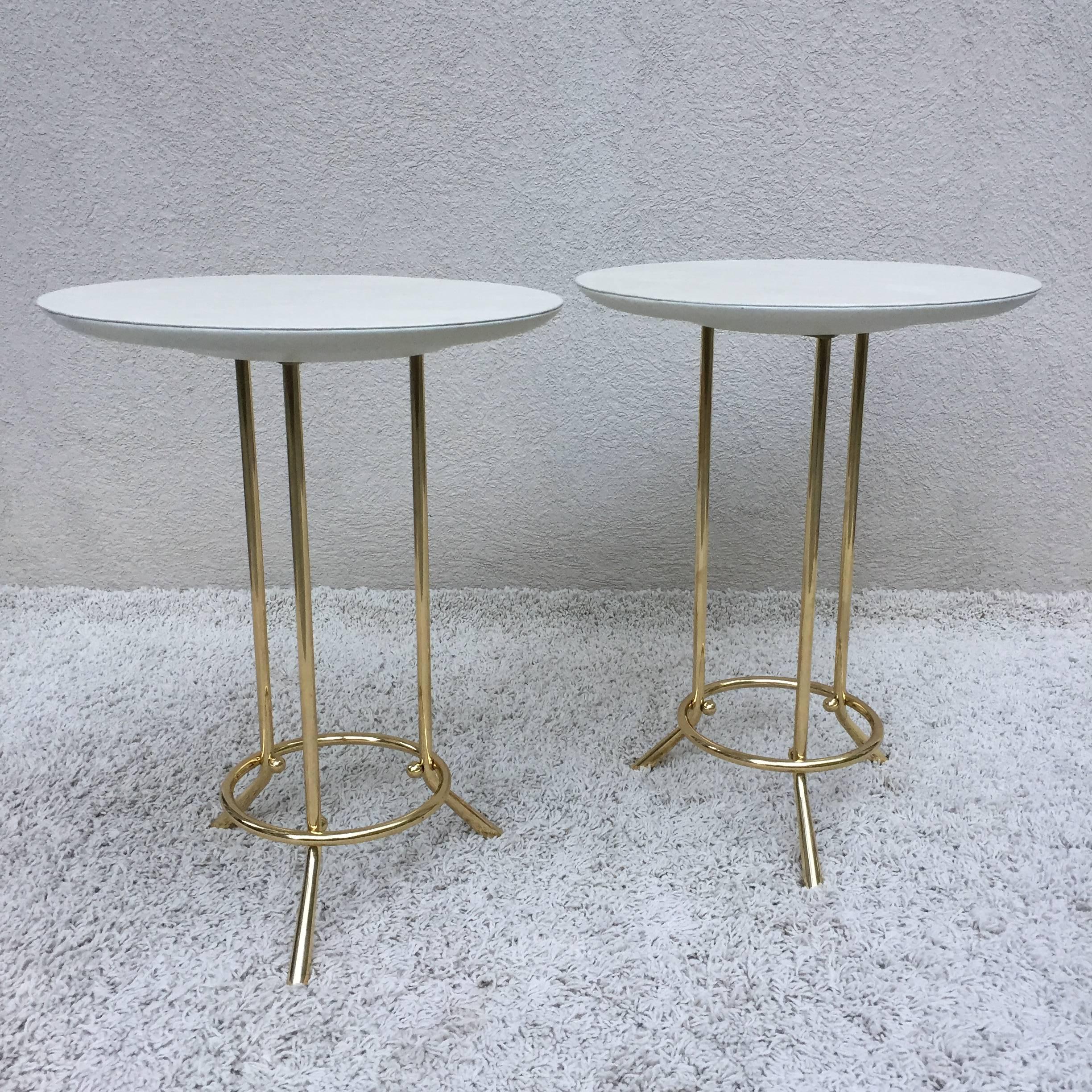 American Pair of Cedric Hartman Style Brass Leather /Parchment Tables For Sale