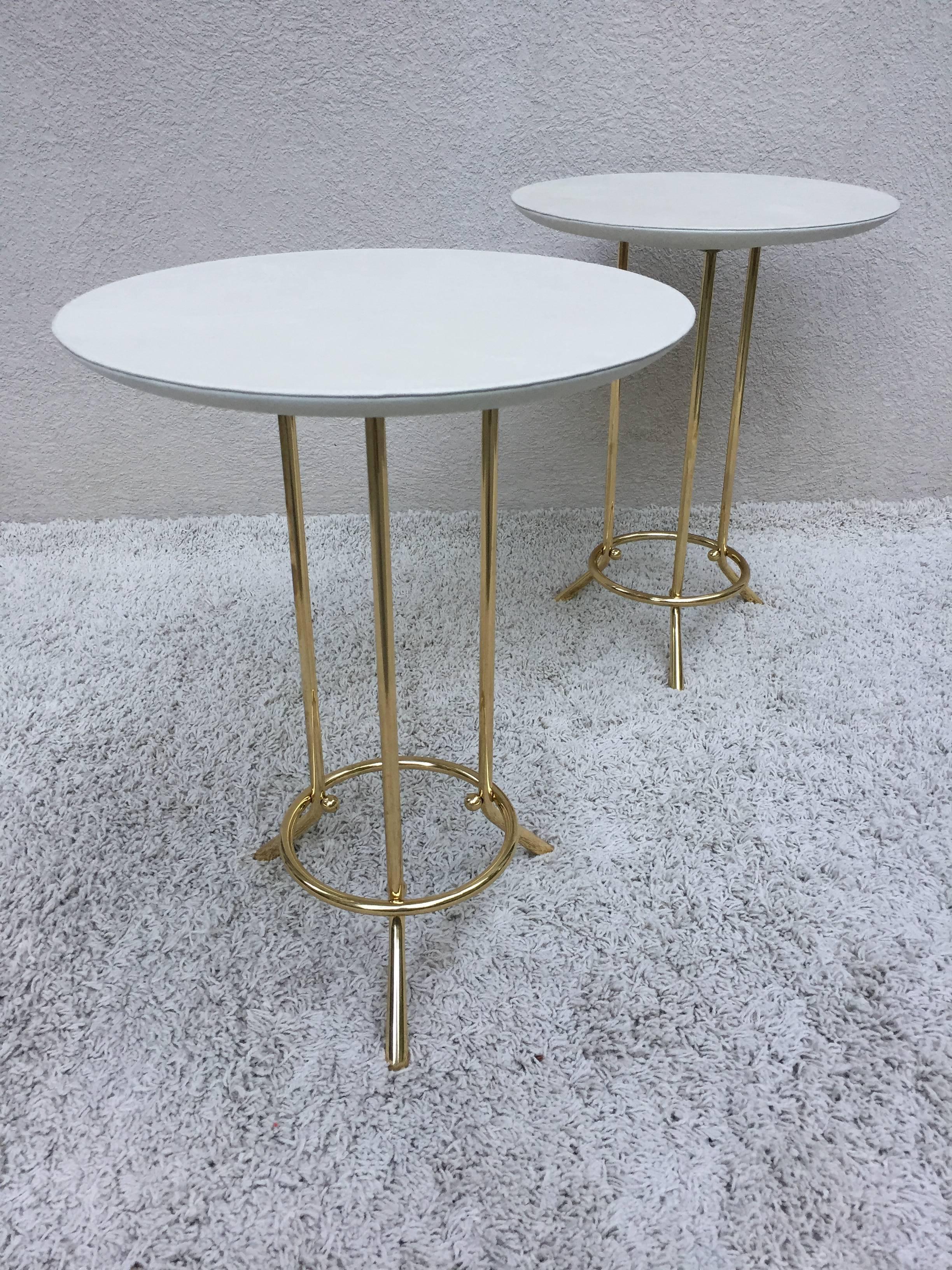 20th Century Pair of Cedric Hartman Style Brass Leather /Parchment Tables For Sale