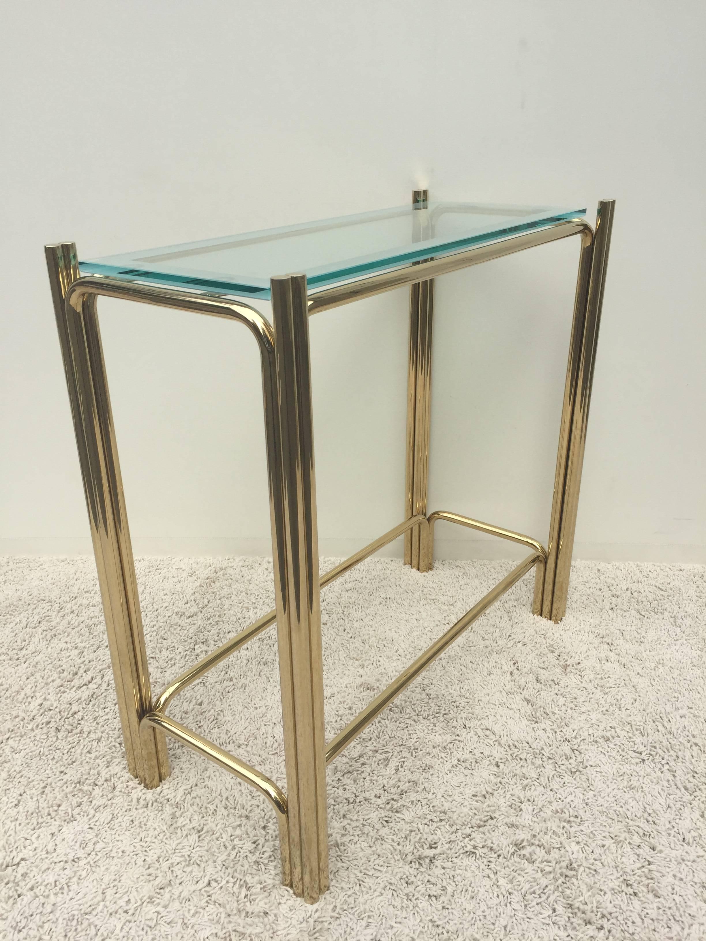 Pair of pace solid brass and plate glass frosted edge top
Consoles or sofa tables very heavy solid construction , second bottom
Tier optional for glass, originally without. High
quality.