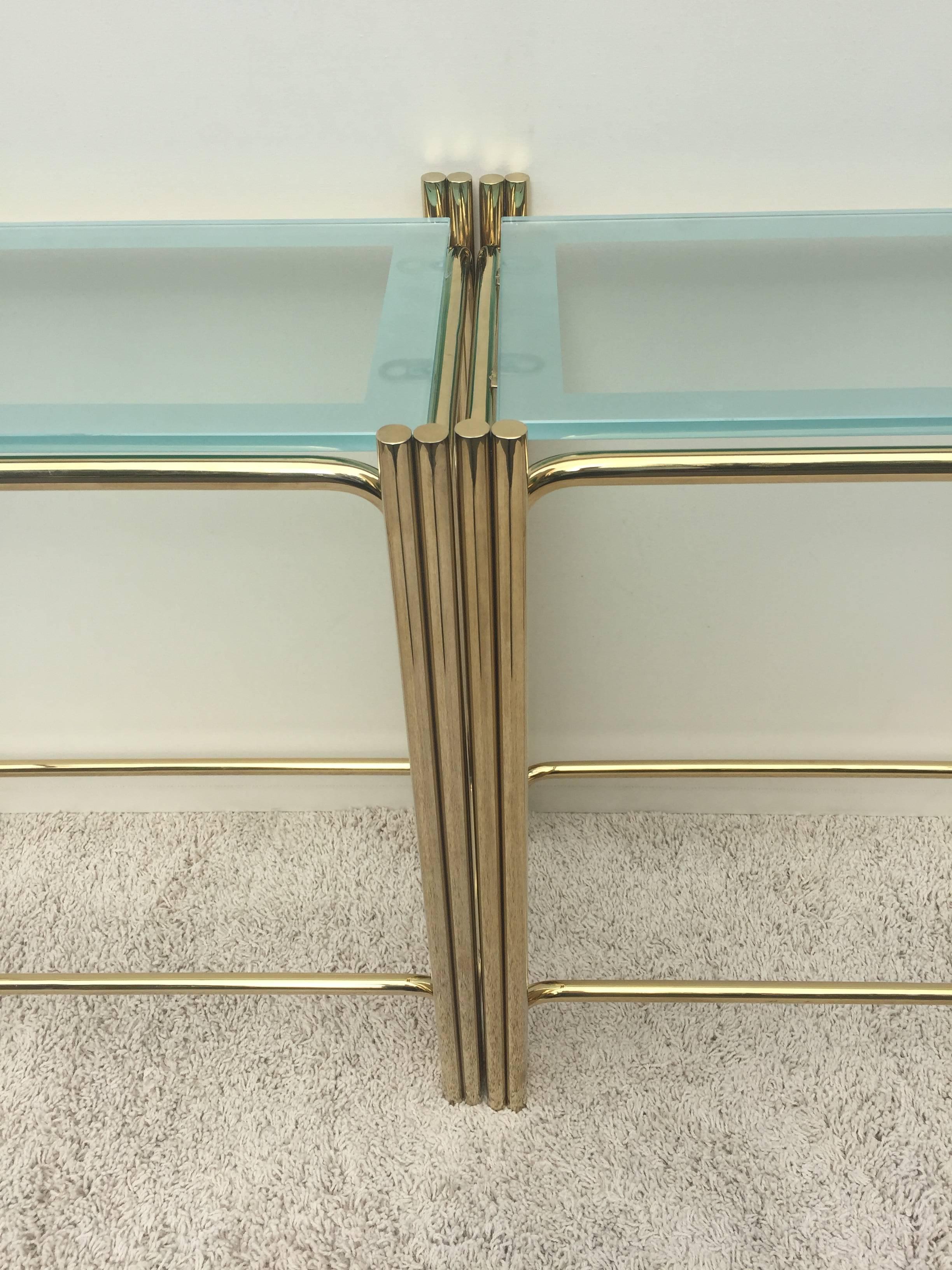 Pair of Pace Solid Brass Glass Top Consoles or Sofa Tables For Sale 2