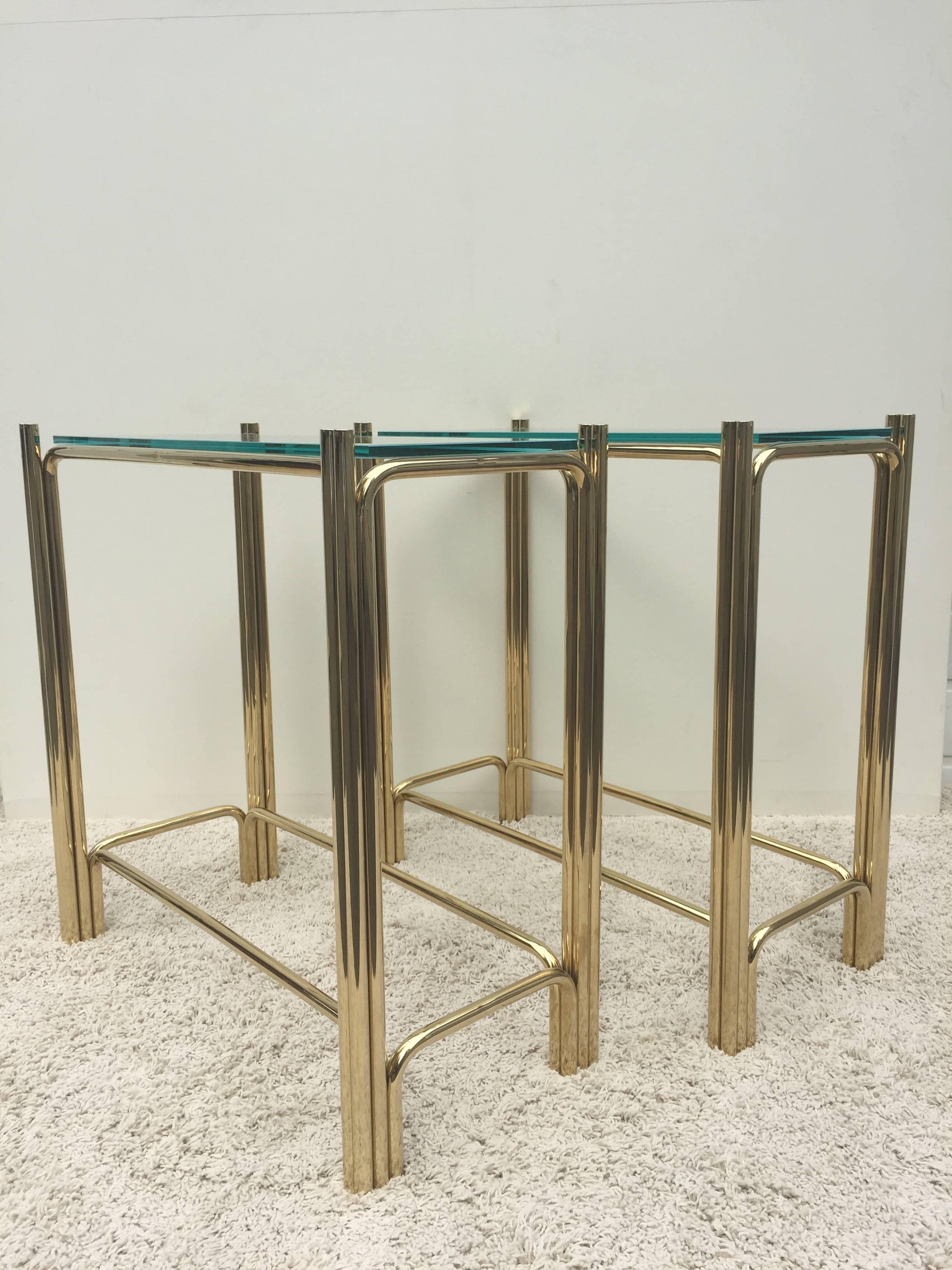 Frosted Pair of Pace Solid Brass Glass Top Consoles or Sofa Tables For Sale