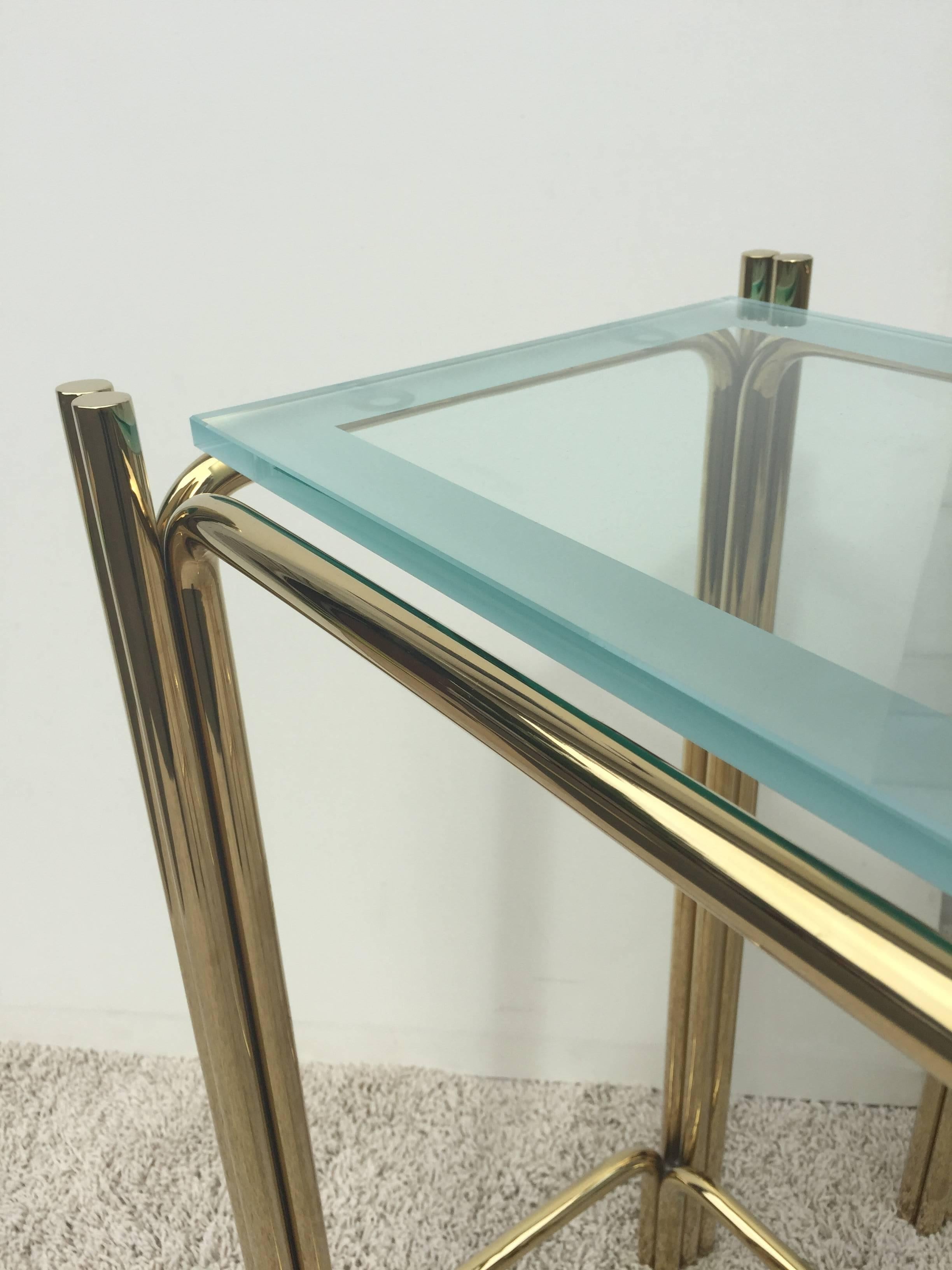 Pair of Pace Solid Brass Glass Top Consoles or Sofa Tables For Sale 1
