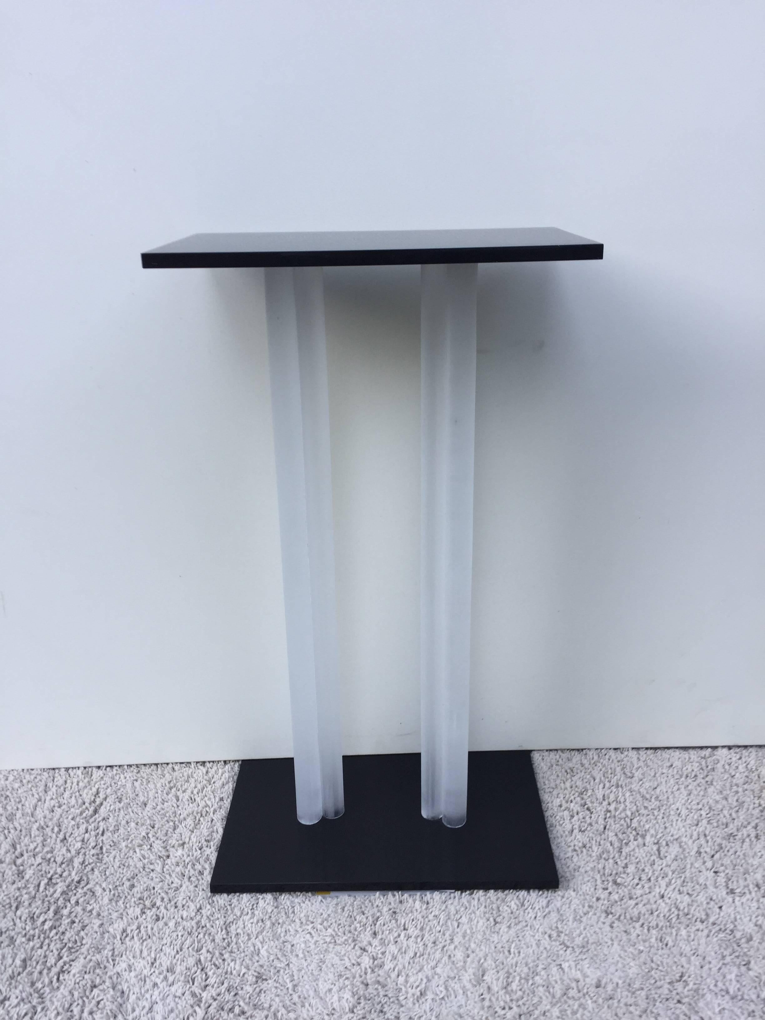 Charles Hollis Jone style pedestal base double column black and frosted clear Lucite, custom made one of a kind.