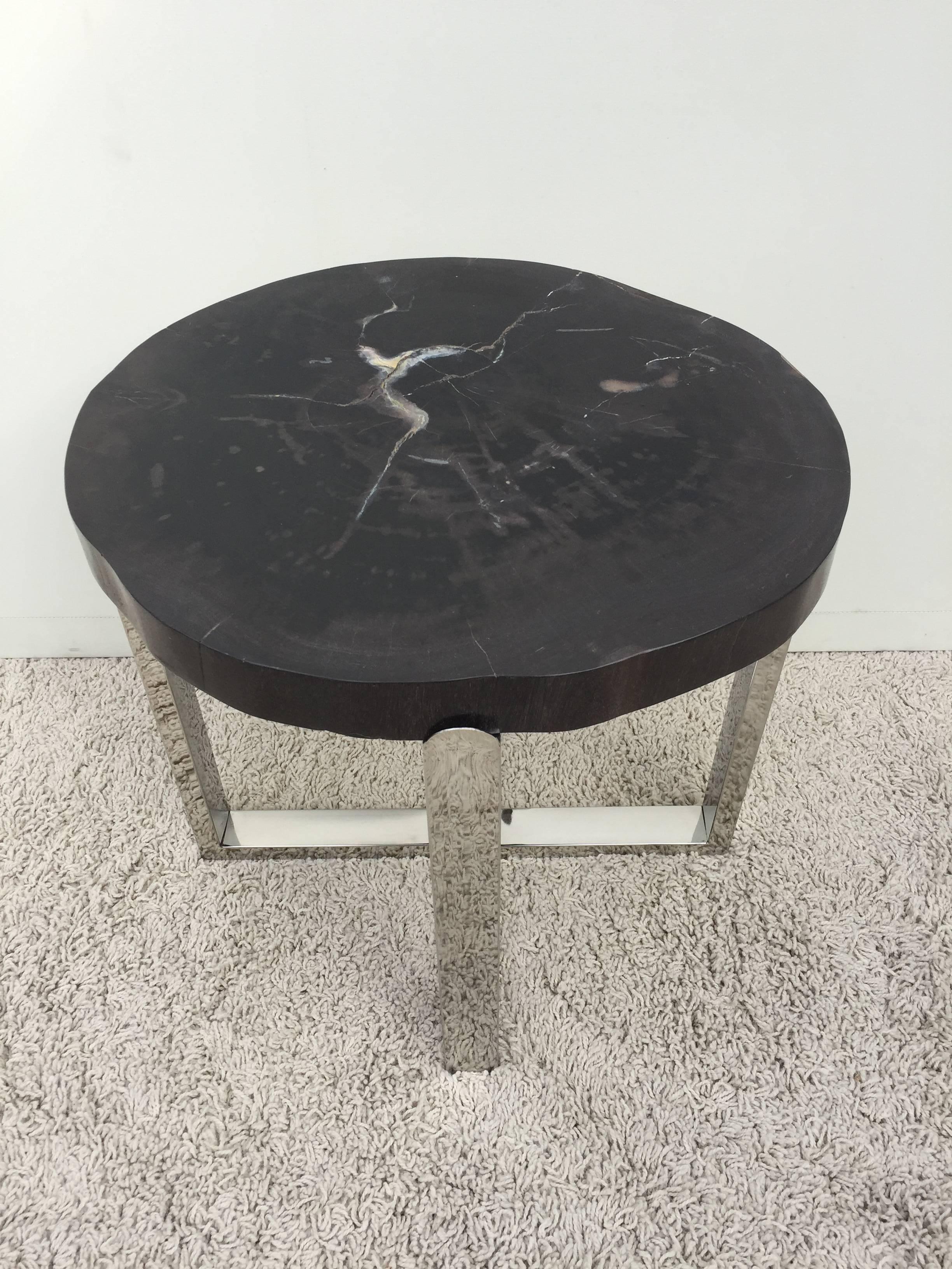Pair of Petrified Wood Black & Crème Vein Top Chrome Handmade Petite Side Tables In Excellent Condition For Sale In Westport, CT