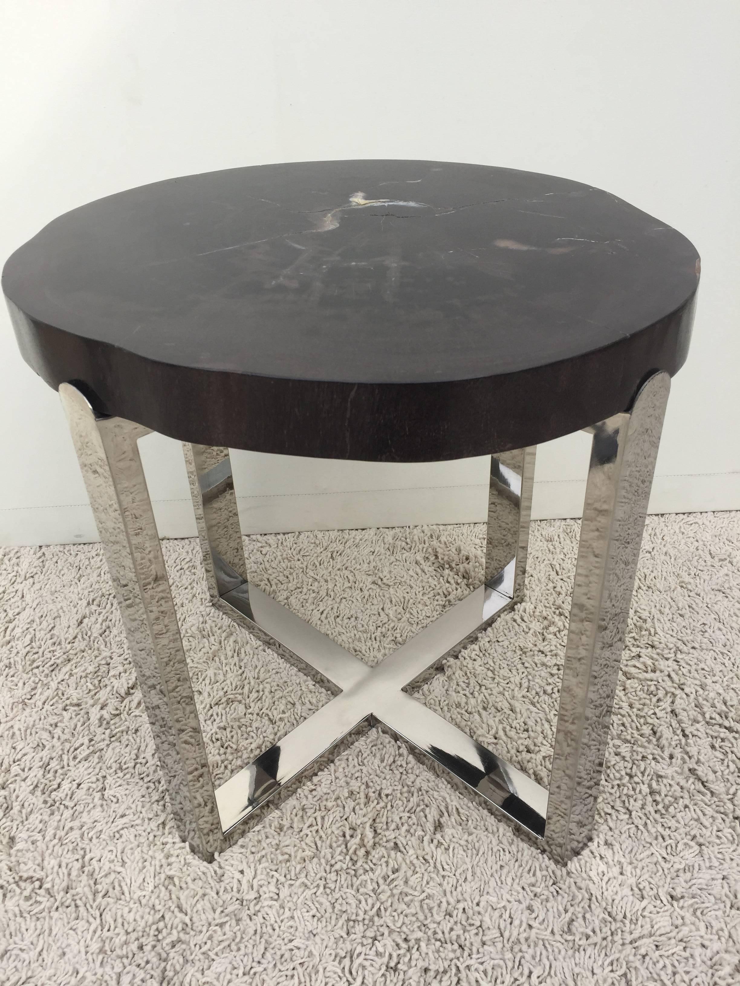 Polished Pair of Petrified Wood Black & Crème Vein Top Chrome Handmade Petite Side Tables For Sale