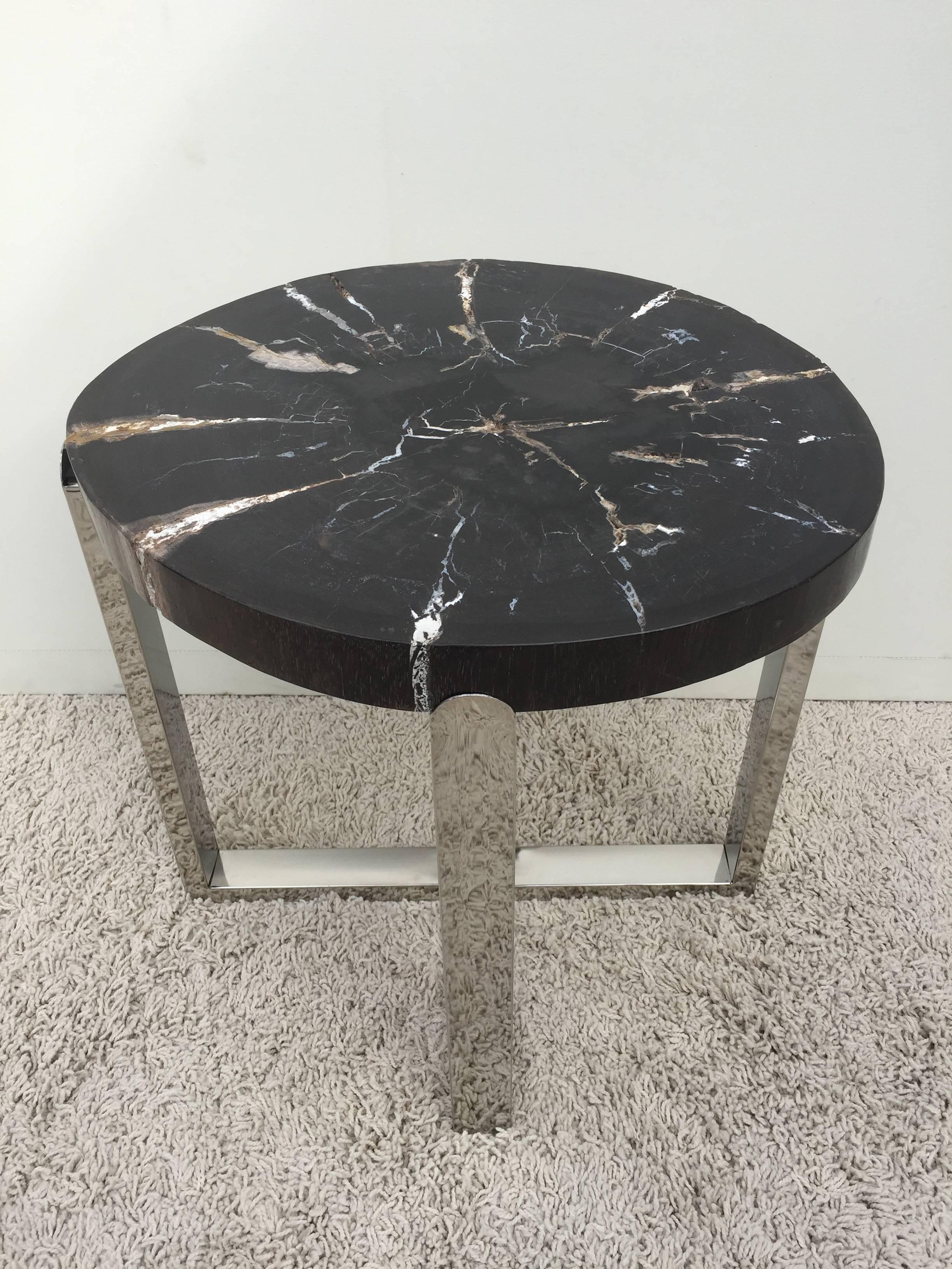20th Century Pair of Petrified Wood Black & Crème Vein Top Chrome Handmade Petite Side Tables For Sale