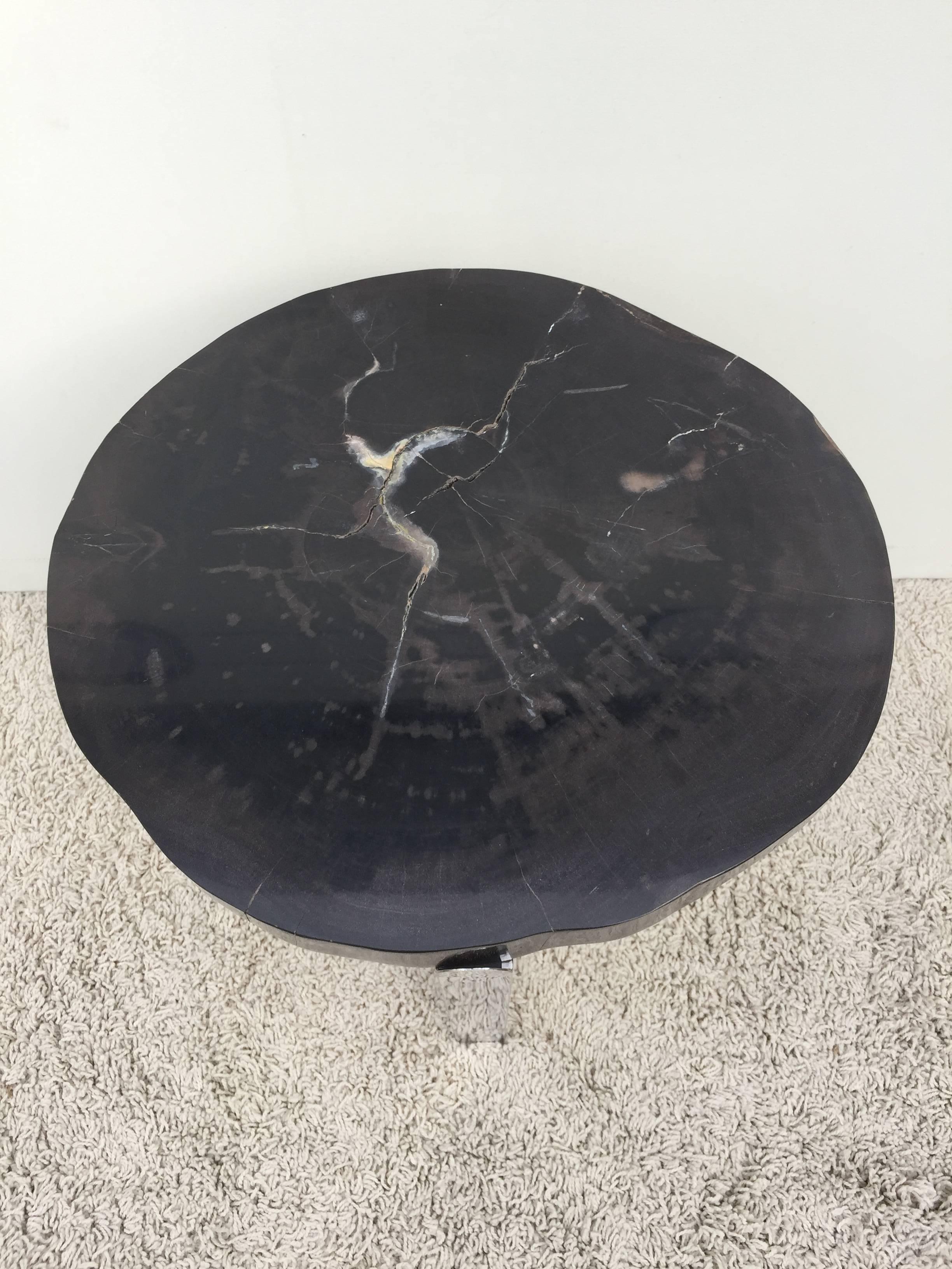 Pair of Petrified Wood Black & Crème Vein Top Chrome Handmade Petite Side Tables For Sale 3