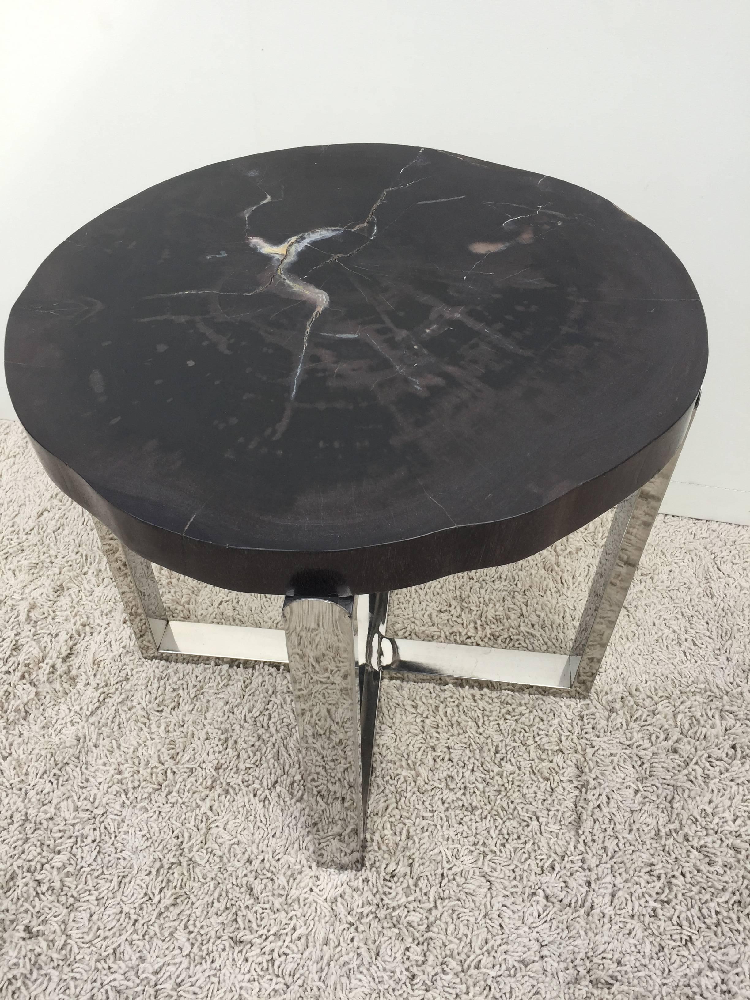 Pair of Petrified Wood Black & Crème Vein Top Chrome Handmade Petite Side Tables For Sale 1