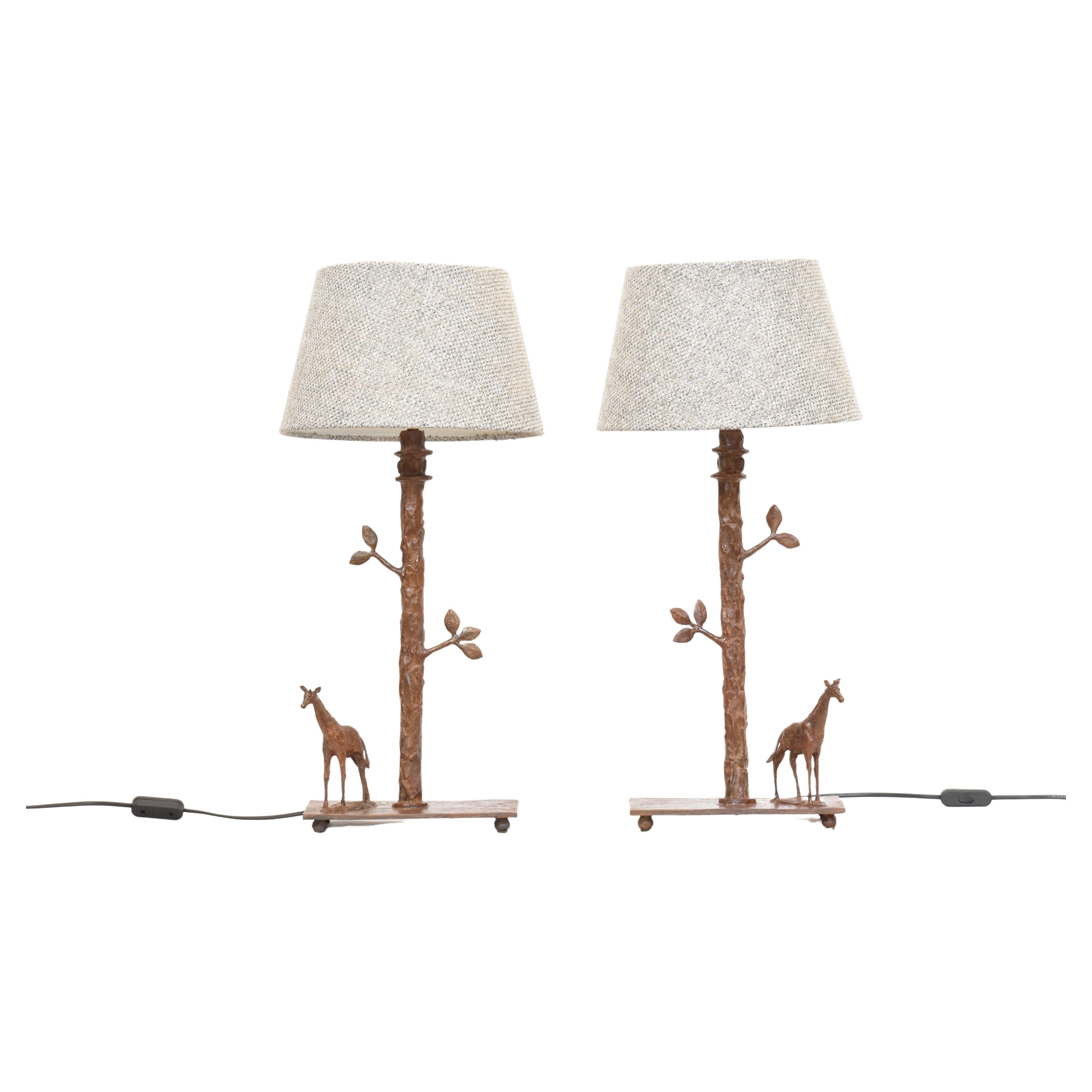Lampes de table girafe sculpturales en bronze moulé, faites à la main en vente
