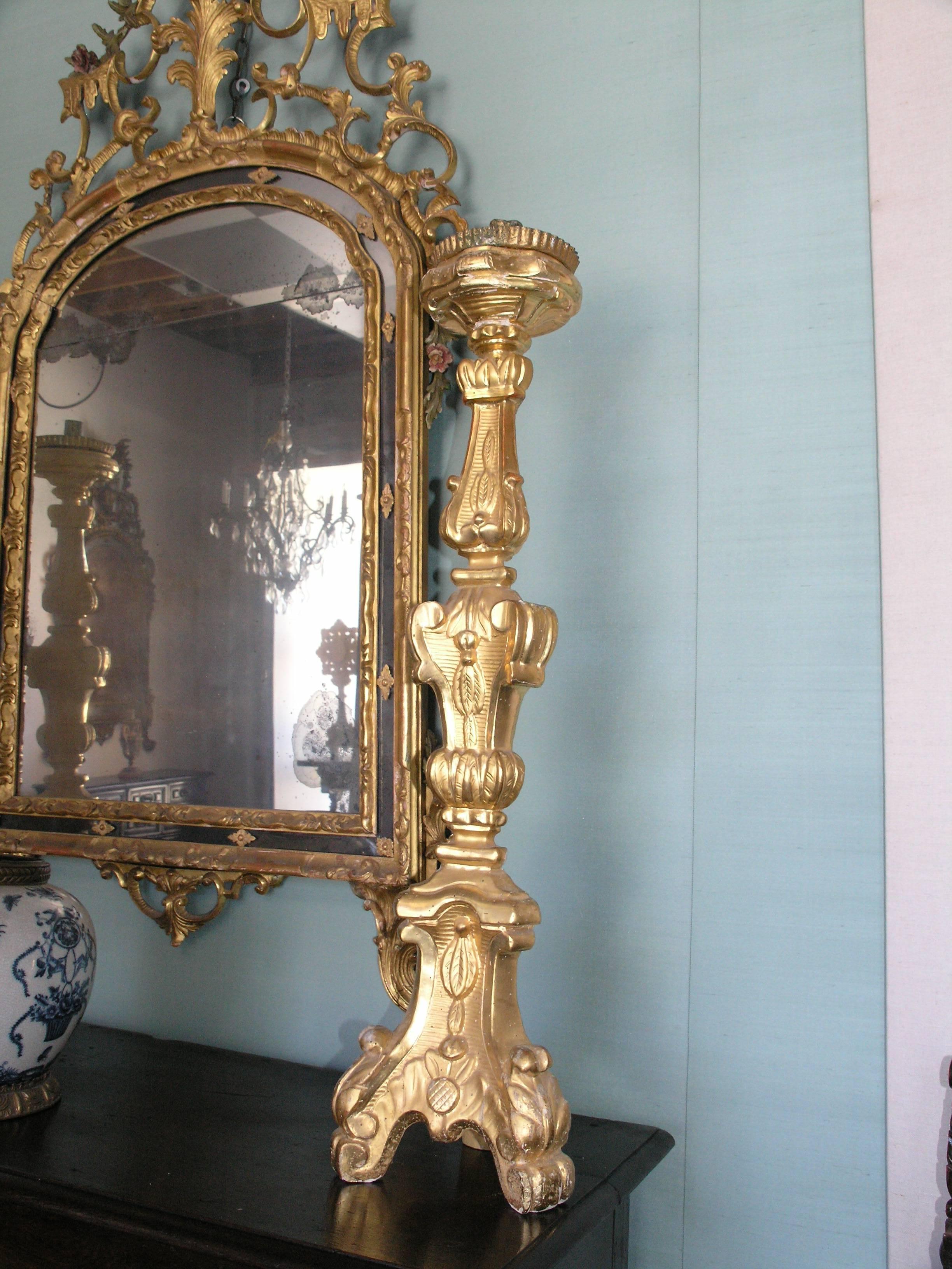 18th Century and Earlier Pair of Italian Giltwood Pricket Candlesticks For Sale