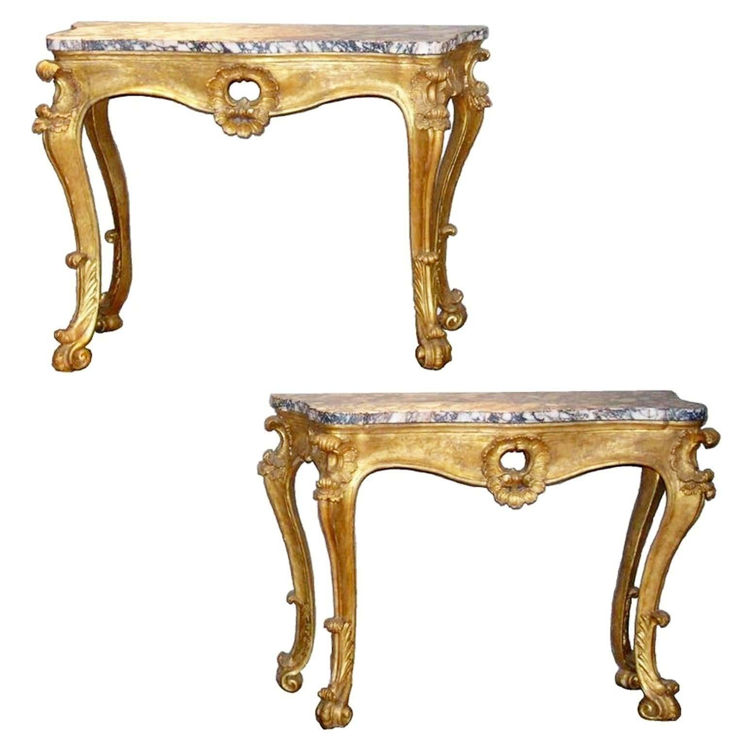 Pair of Italian Breccia Marble Top Giltwood Consoles For Sale