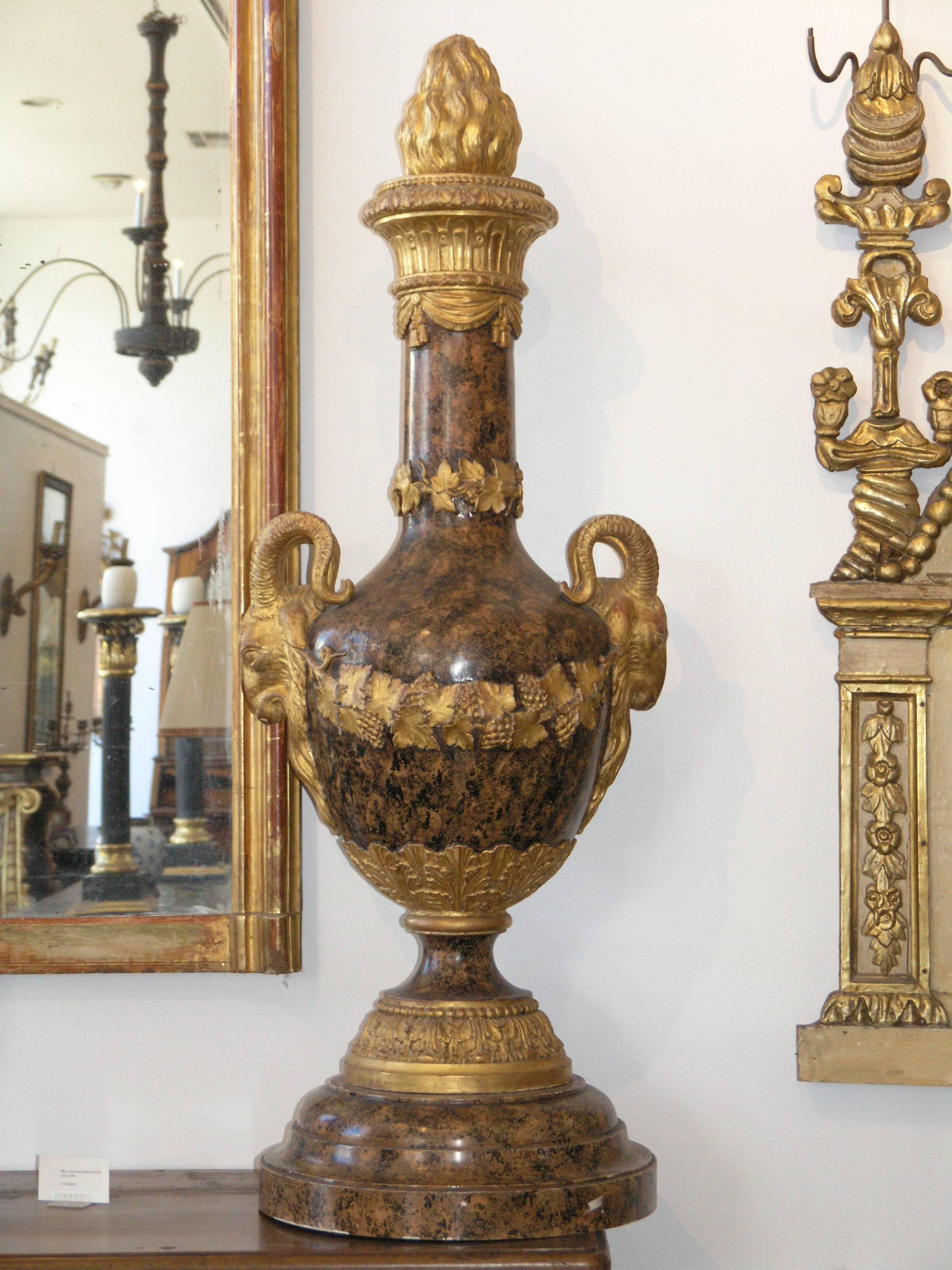 Painted Pair of Monumental Giltwood and faux marble Urns For Sale