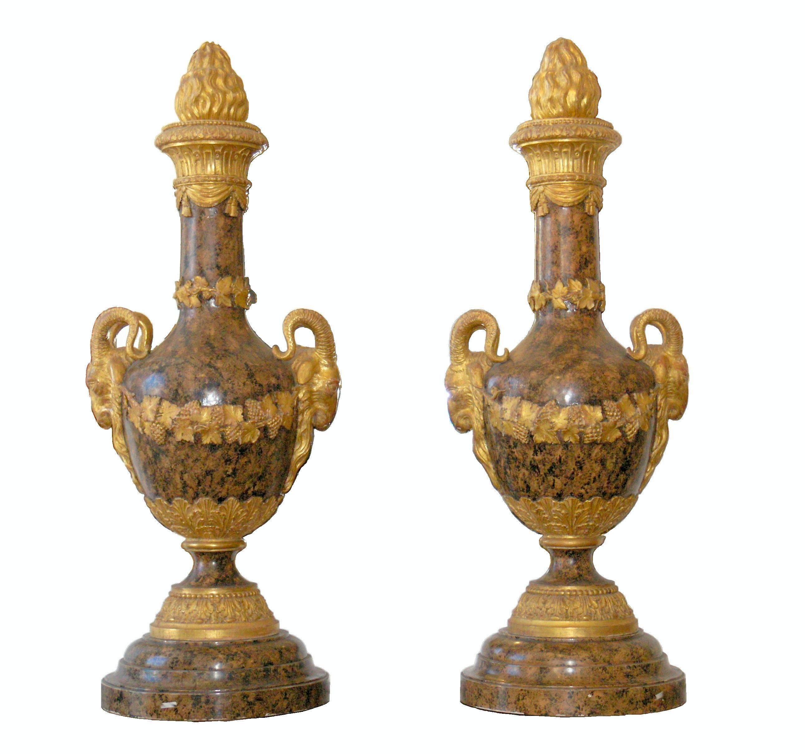 Pair of Monumental Giltwood and faux marble Urns For Sale