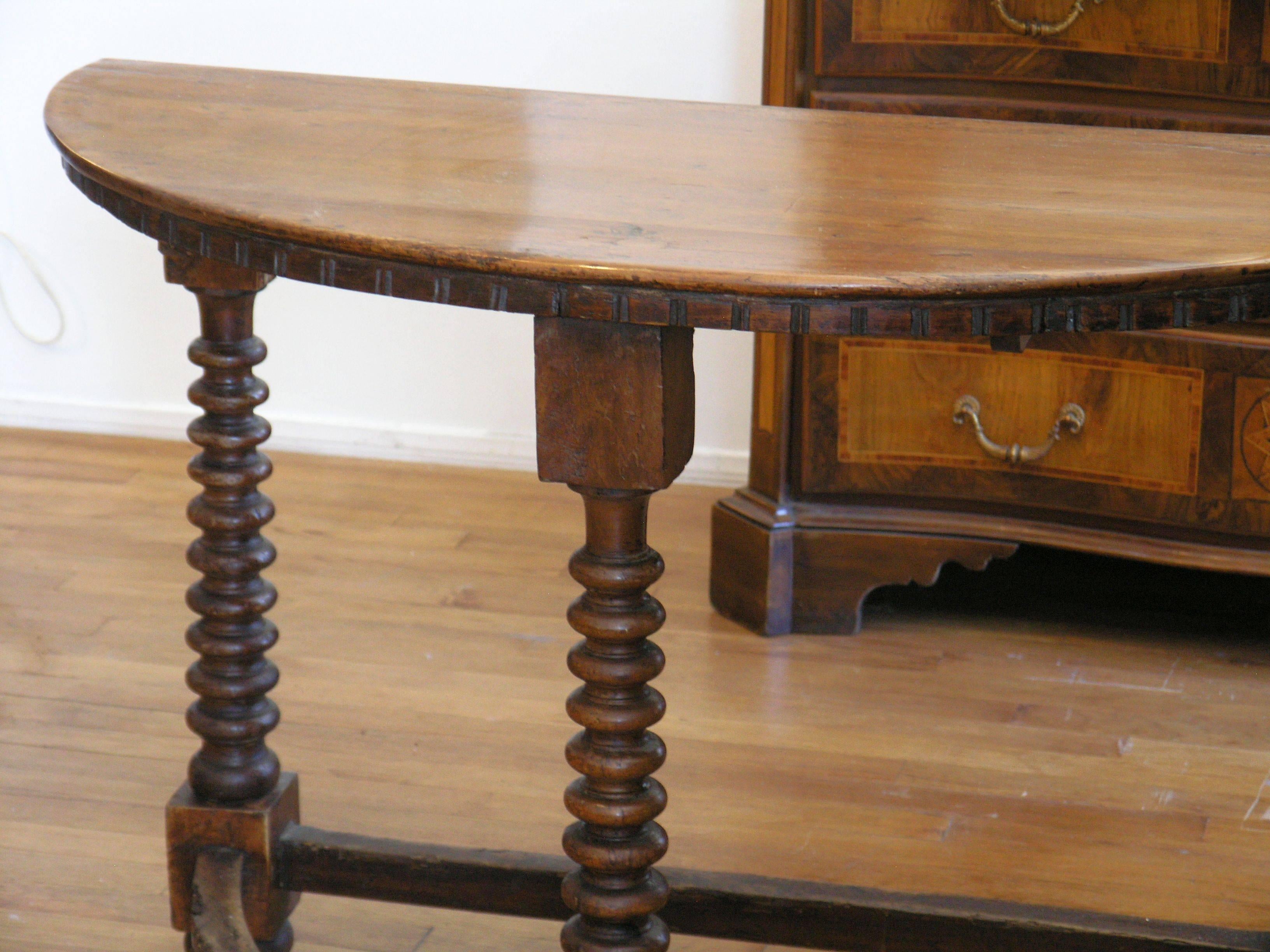 Pair of  Italian Demilune Walnut Consoles - 18th Century In Excellent Condition For Sale In Los Angeles, CA
