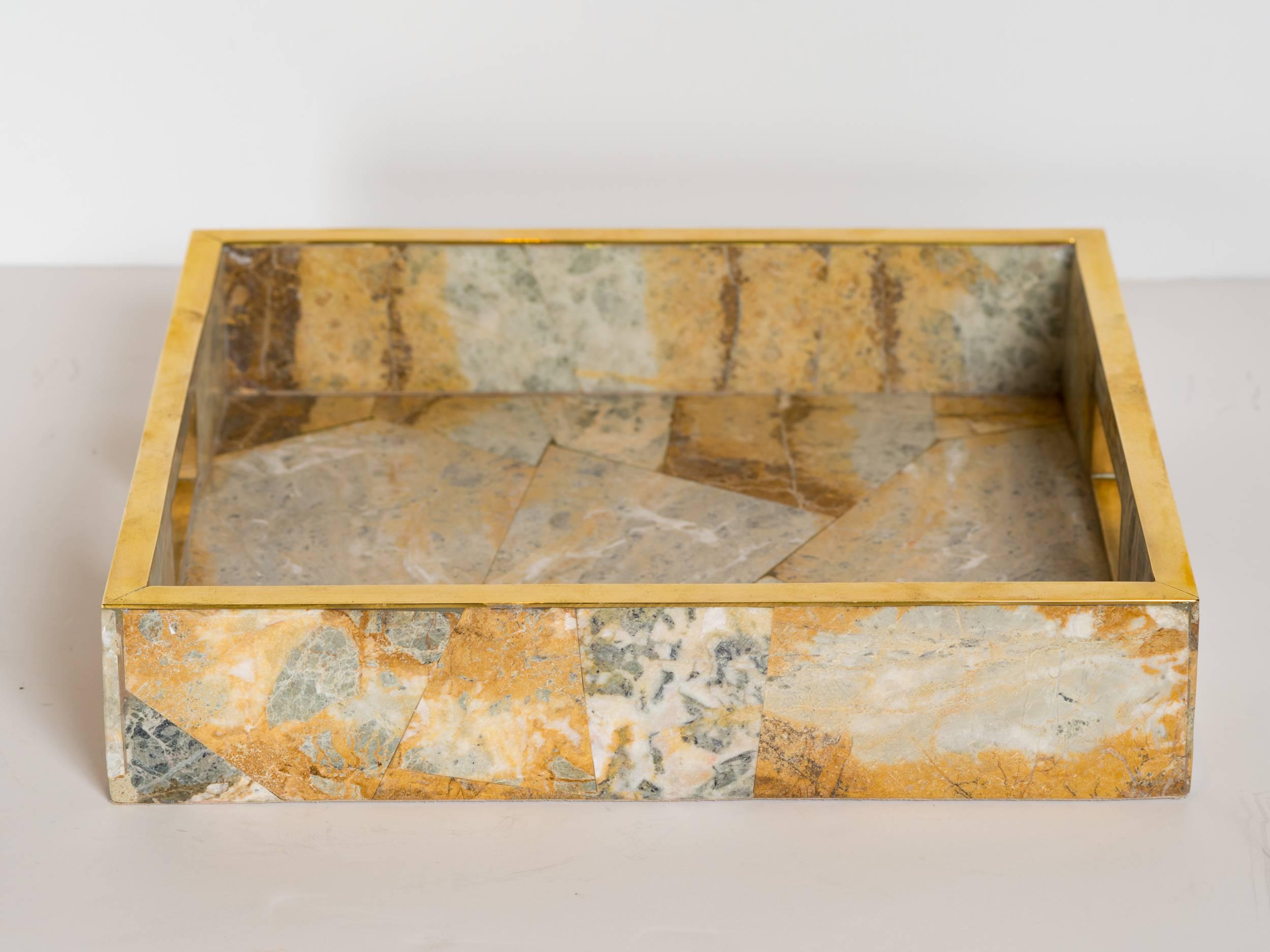 Post-Modern Geometric Onyx Marble Tray with Brass Trim Details