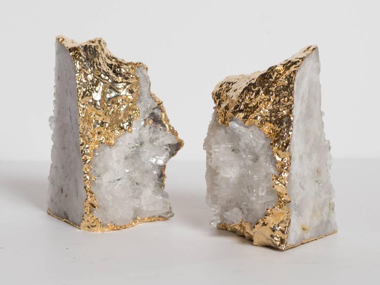 Pair of Exquisite Rock Crystal Quartz Bookends Wrapped in 24Karat Gold at 1stDibs