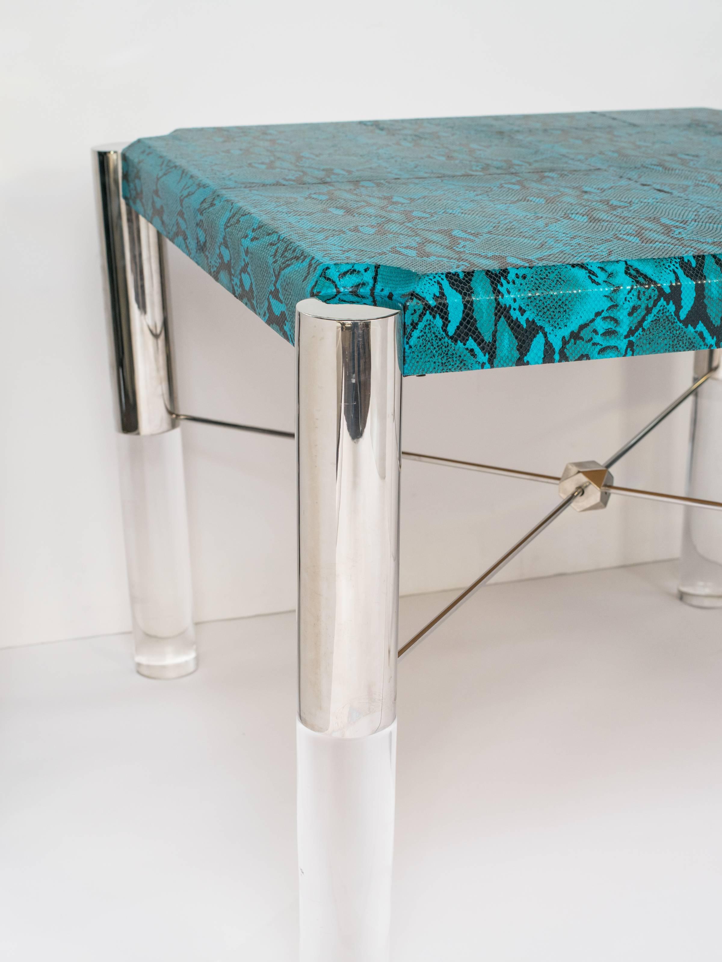 American 1970's Mid-Century Modern Turquoise Snakeskin Game Table