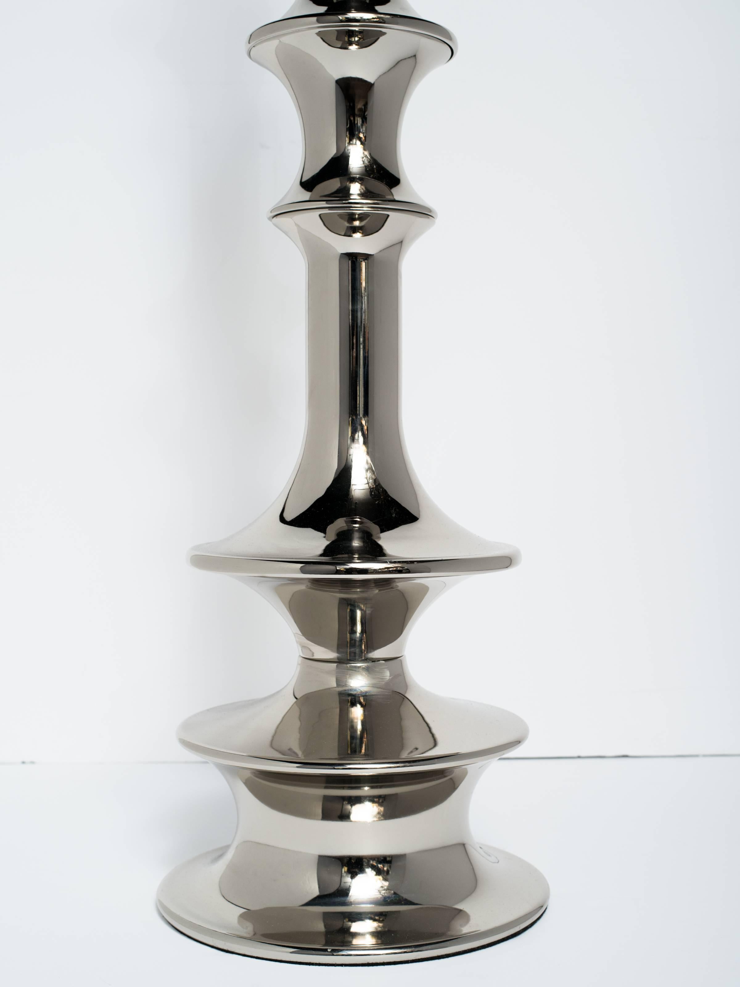 Polished Pair of Sculptural Chess Piece Floor Lamps in Nickel, c. 1980's For Sale