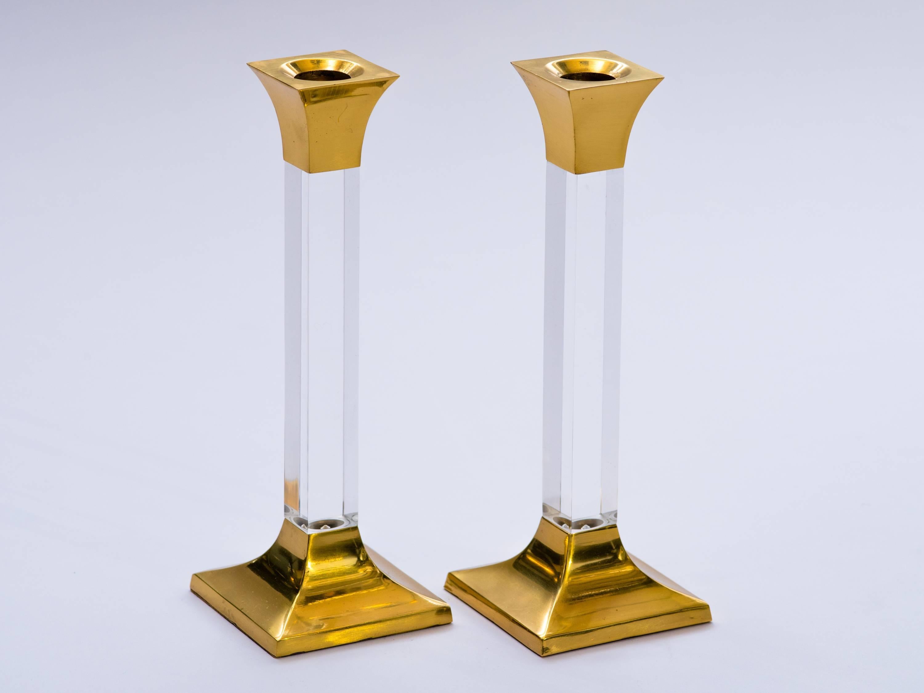 Mid-Century Modern Pair of Vintage Brass and Lucite Candleholders