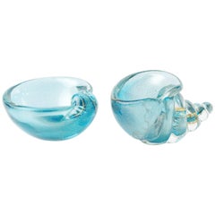 Vintage Pair of Exquisite Aqua and Gold Murano Bowls by Alfredo Barbini