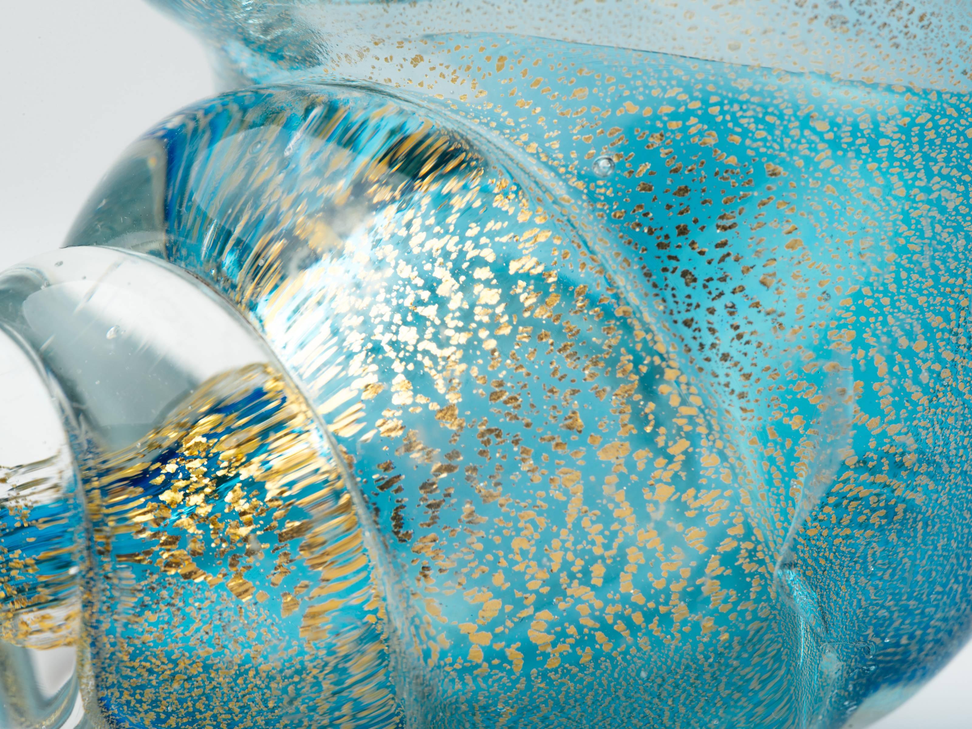 Gold Leaf Pair of Exquisite Aqua and Gold Murano Bowls by Alfredo Barbini