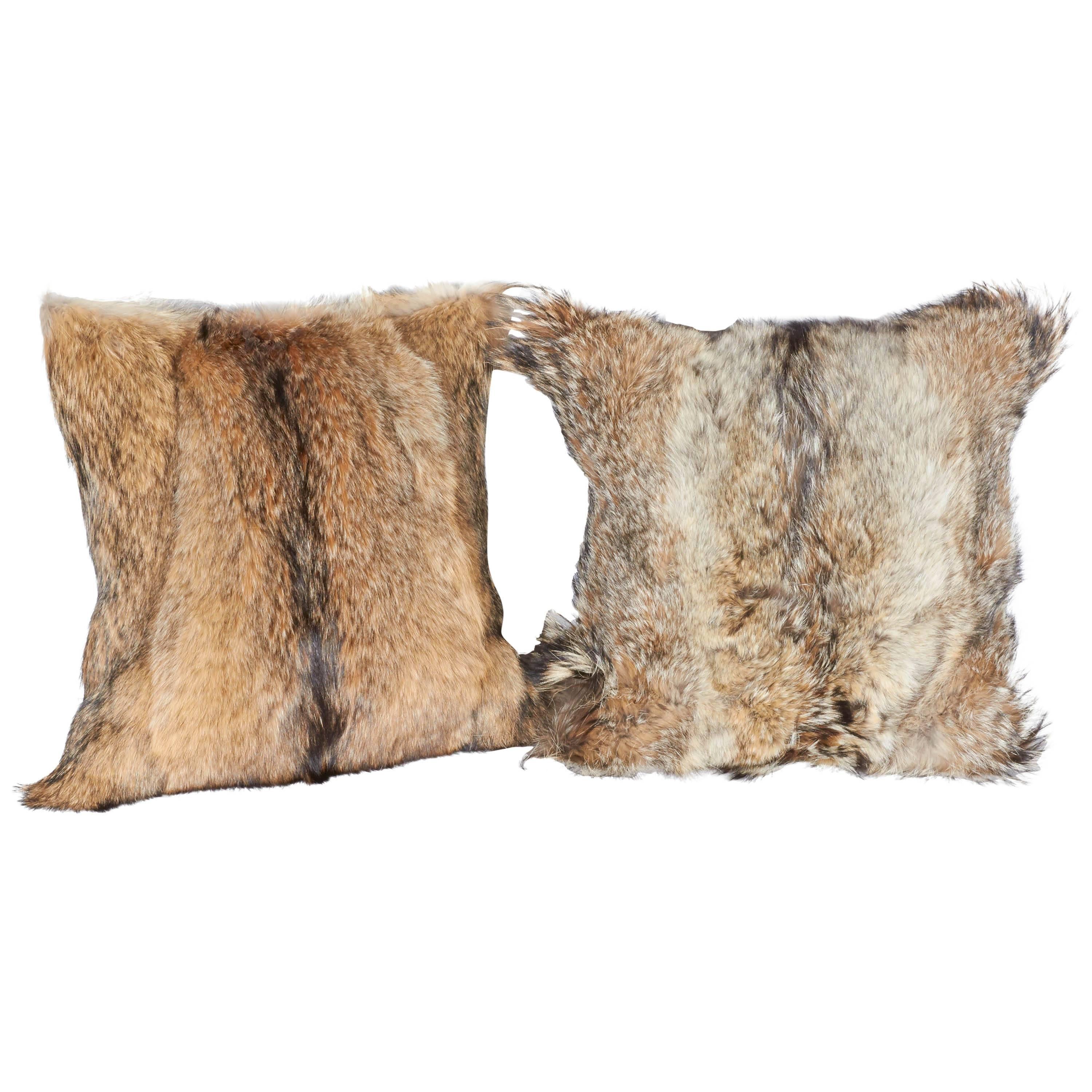 Custom-made ultra luxe decorative pillow handcrafted from coyote fur in hues of, tan, camel, ivory and brown, with the occasional black streaks. Each pillow is unique in coloration and texture, and features hand-stitched backing in Fine khaki