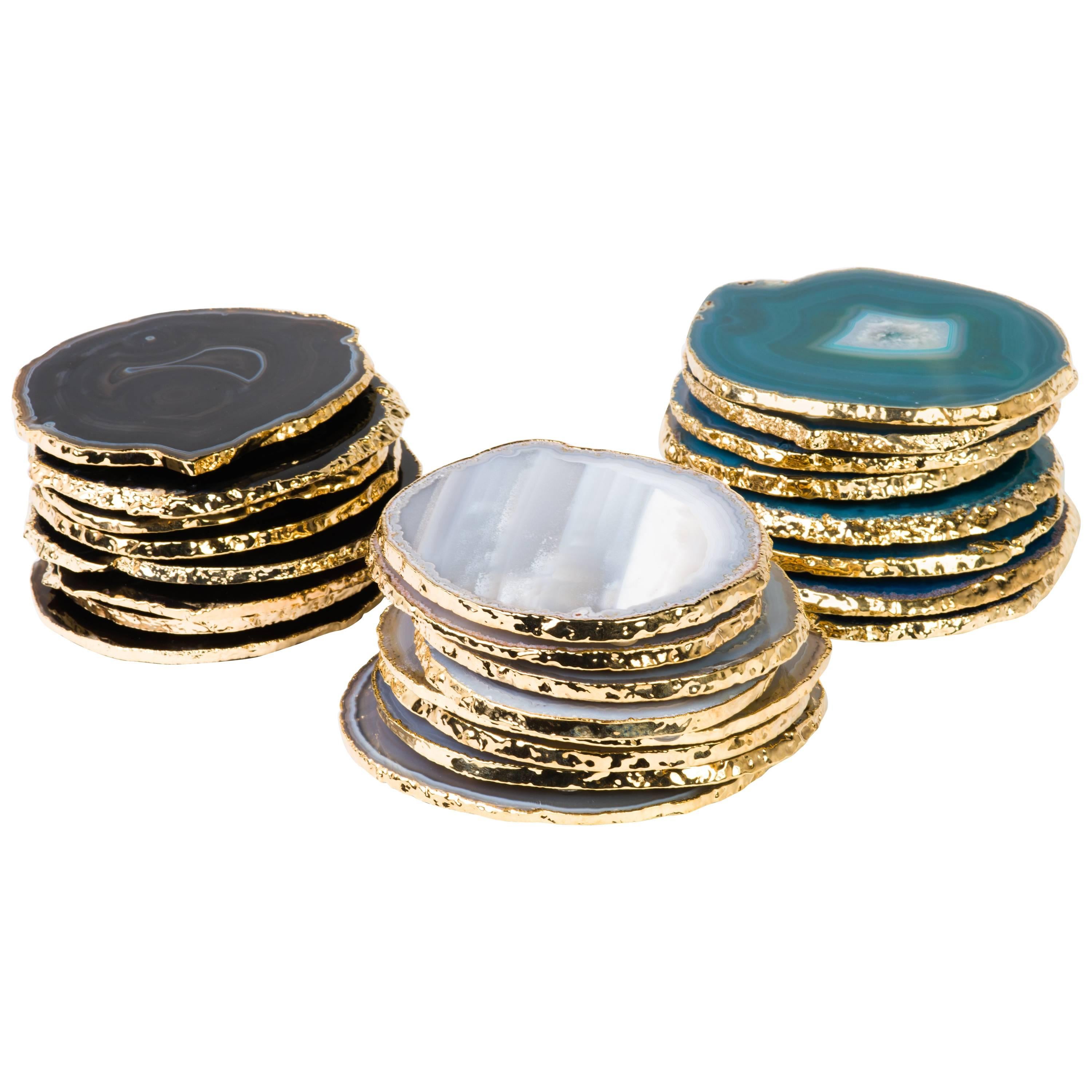 Agate Set of Eight Semi-Precious Gemstone Coasters in Teal Wrapped in 24-Karat Gold