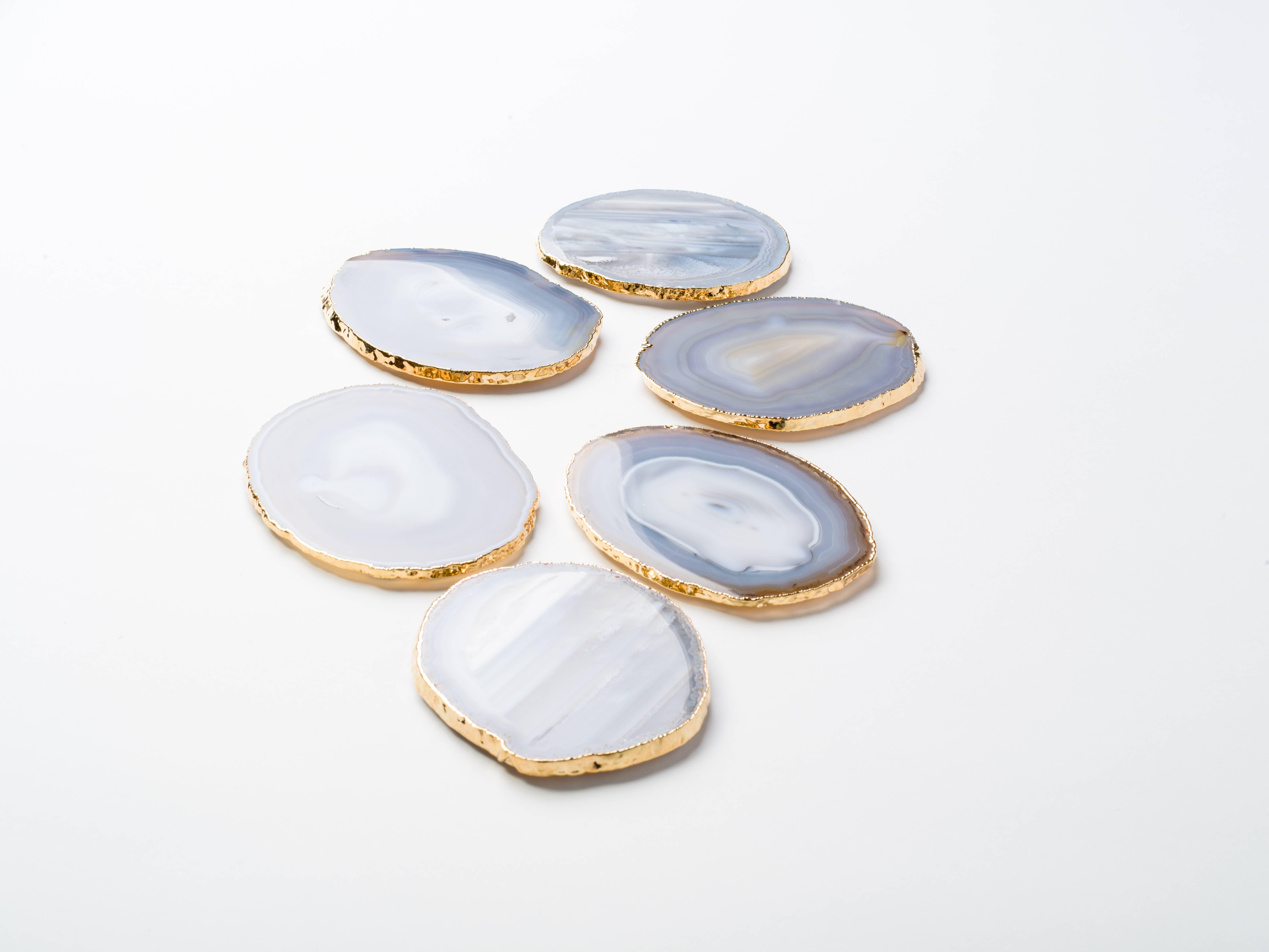 Brazilian Set of Eight Semi-Precious Gemstone Coasters Grey Agate Wrapped in 24-Karat Gold