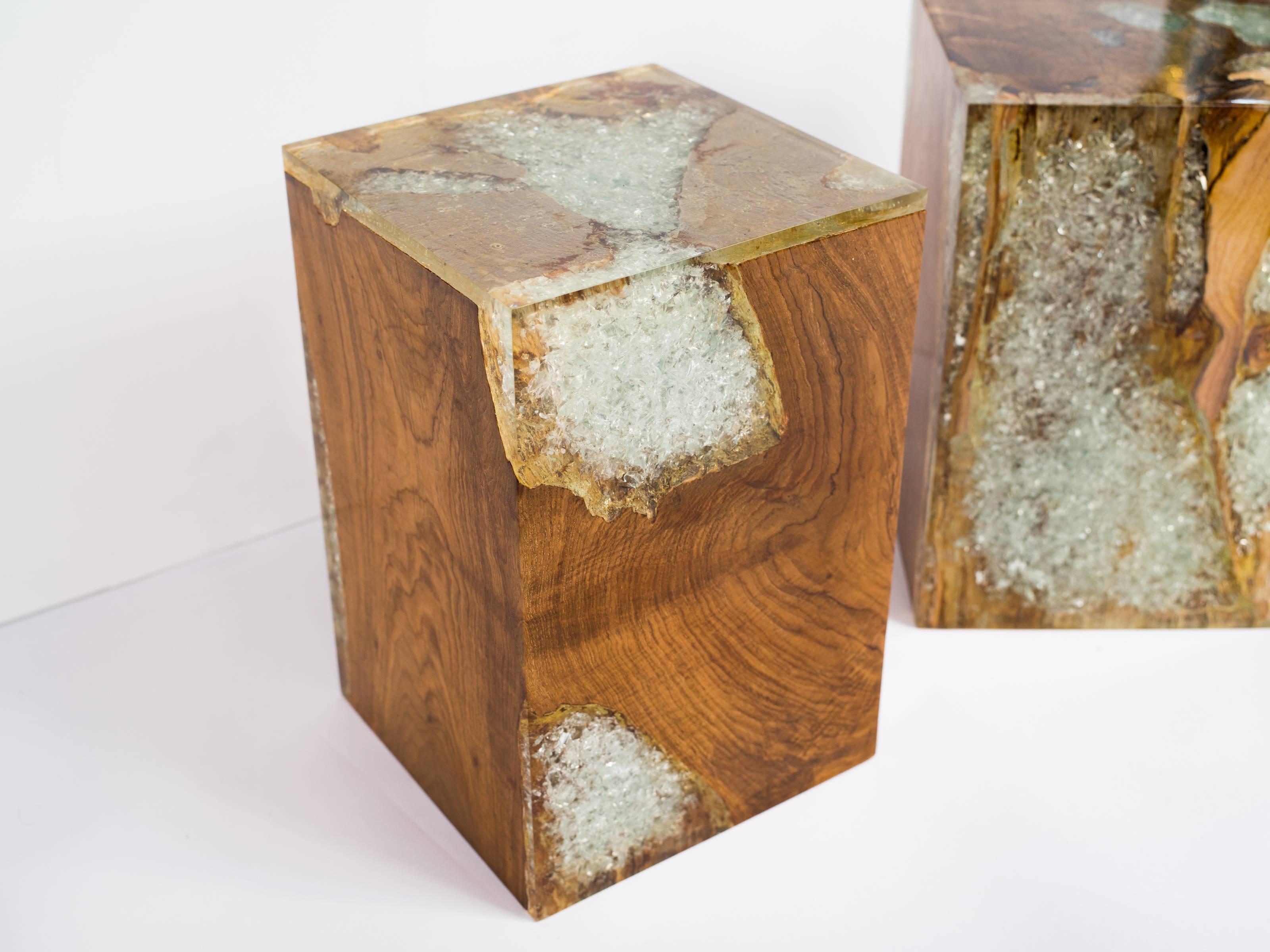 Organic modern cube table in natural and bleached teak root wood with cracked resin design. Polished finish with unique wood variations on all sides. Handcrafted and multi purpose use. Expect variation in color. Priced individually and multiple