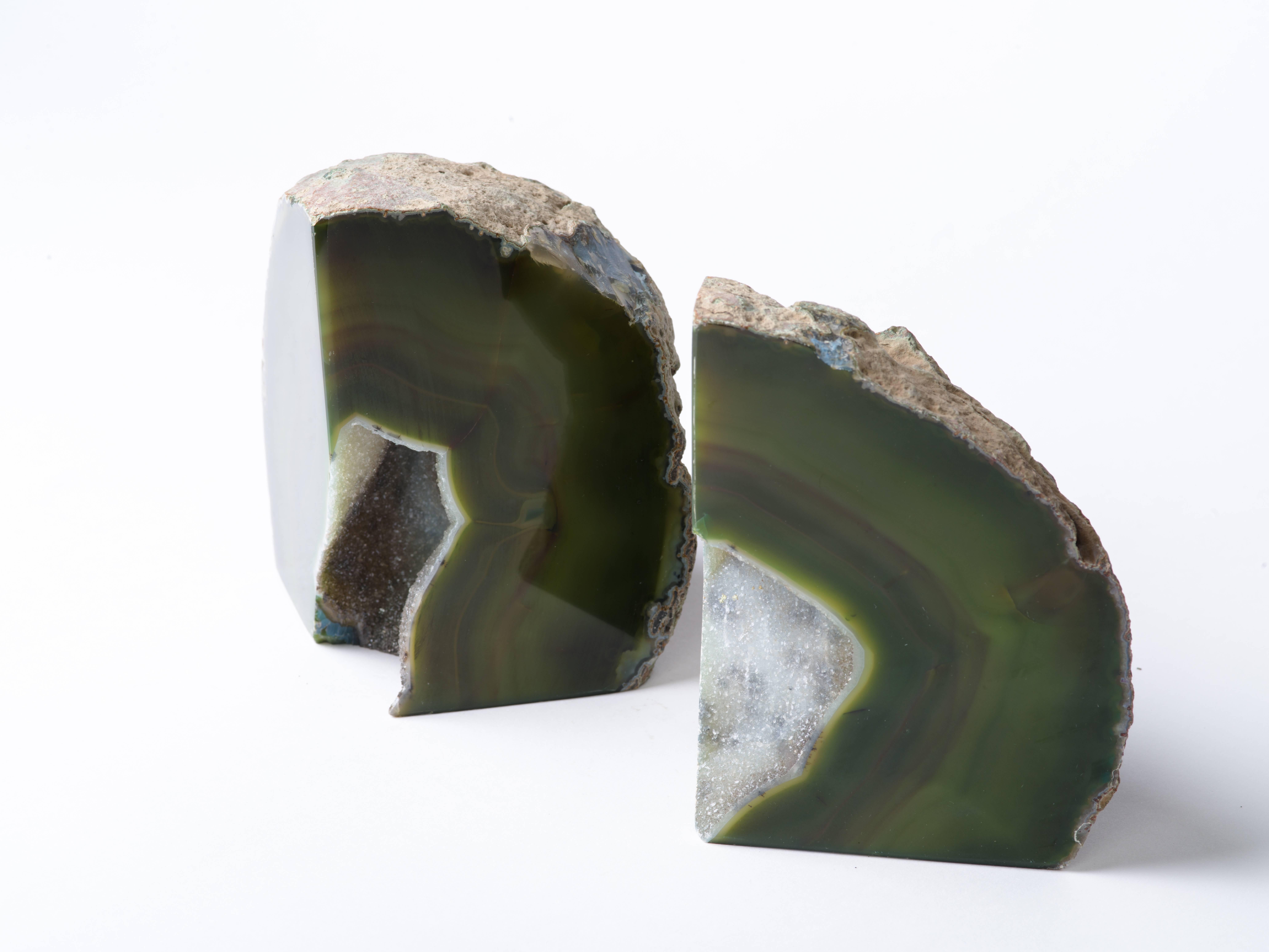 Pair of Organic Modern Agate Stone and Crystal Bookends in Moss Green (Achat)
