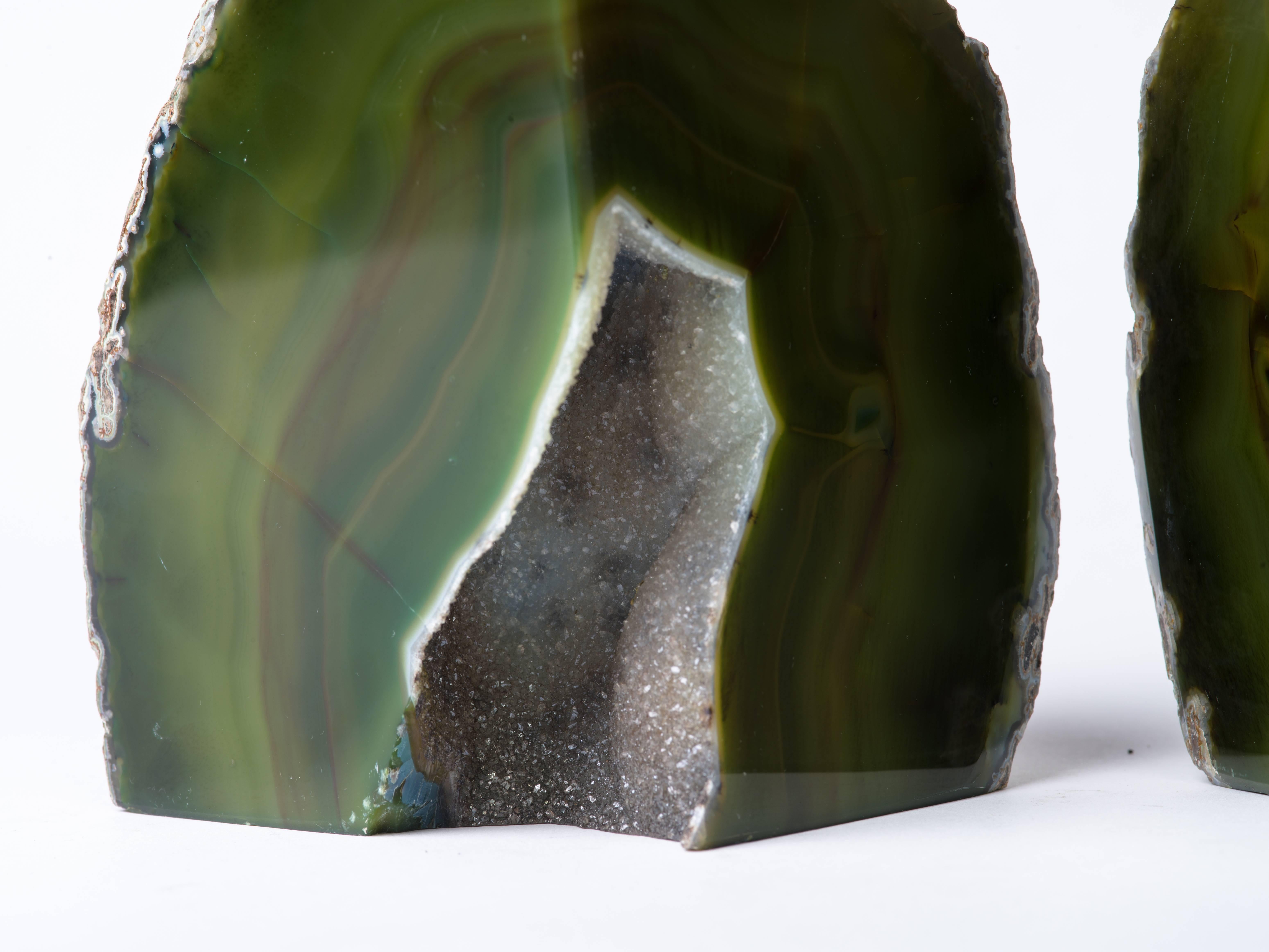 Pair of Organic Modern Agate Stone and Crystal Bookends in Moss Green 1