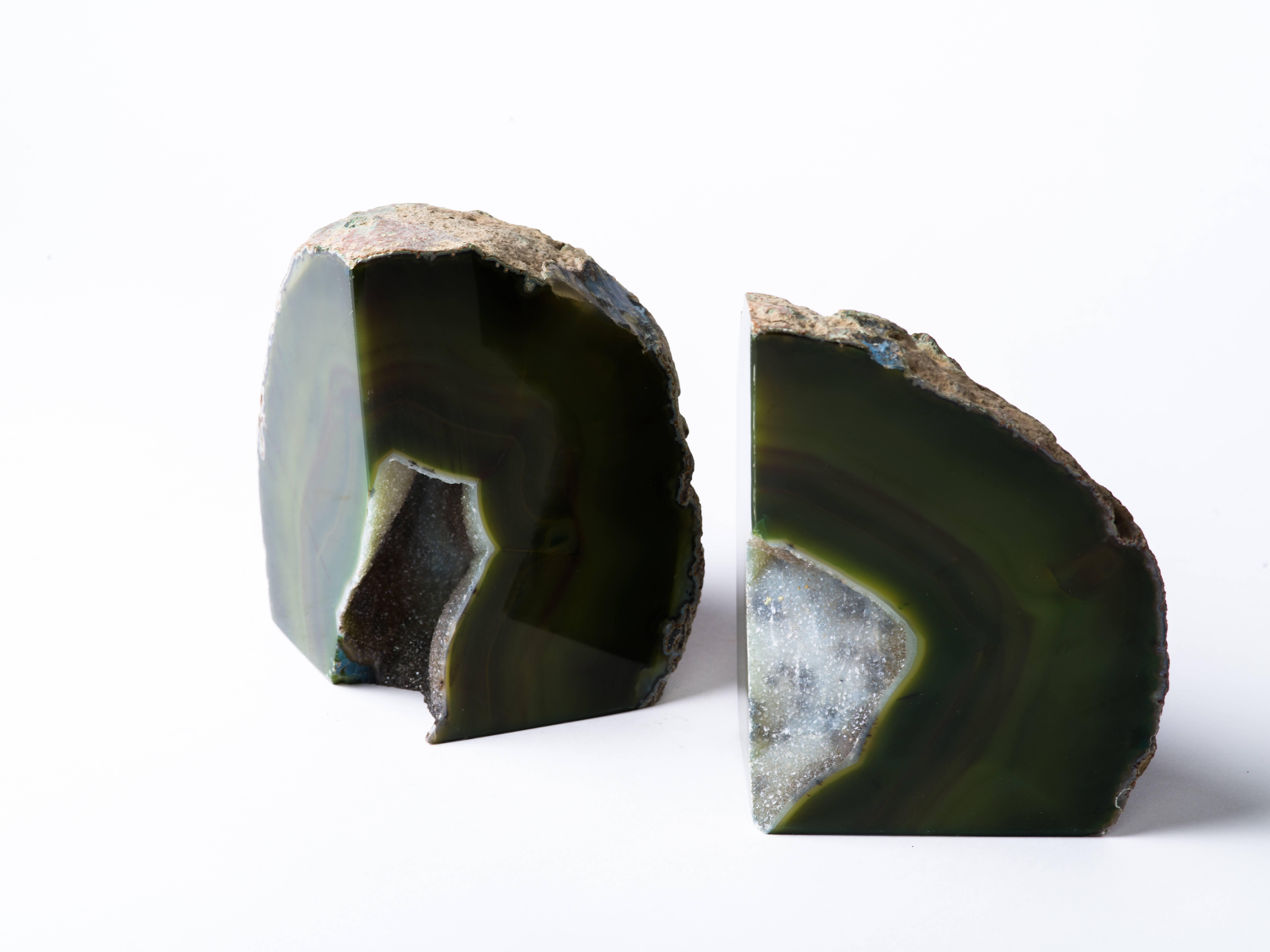 Pair of Organic Modern Agate Stone and Crystal Bookends in Moss Green 3