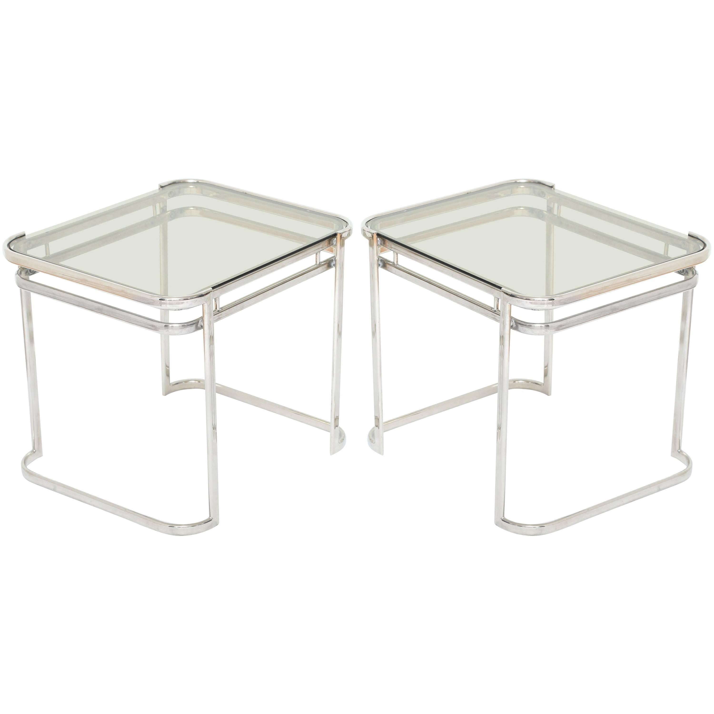 Pair of Italian 1970s Modern Side Tables in Chrome and Smoked Grey Glass