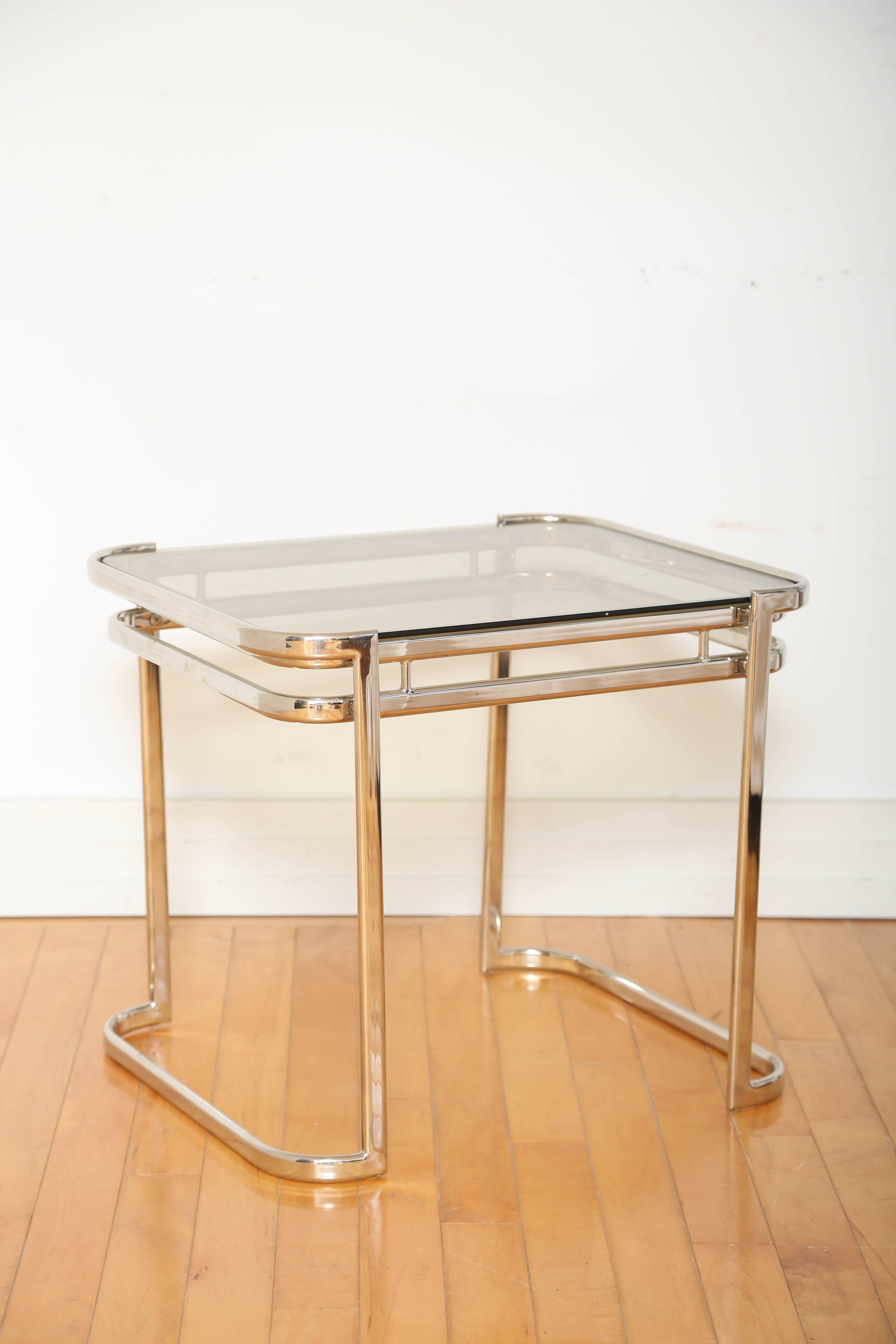 Mid-Century Modern Pair of Italian 1970s Modern Side Tables in Chrome and Smoked Grey Glass