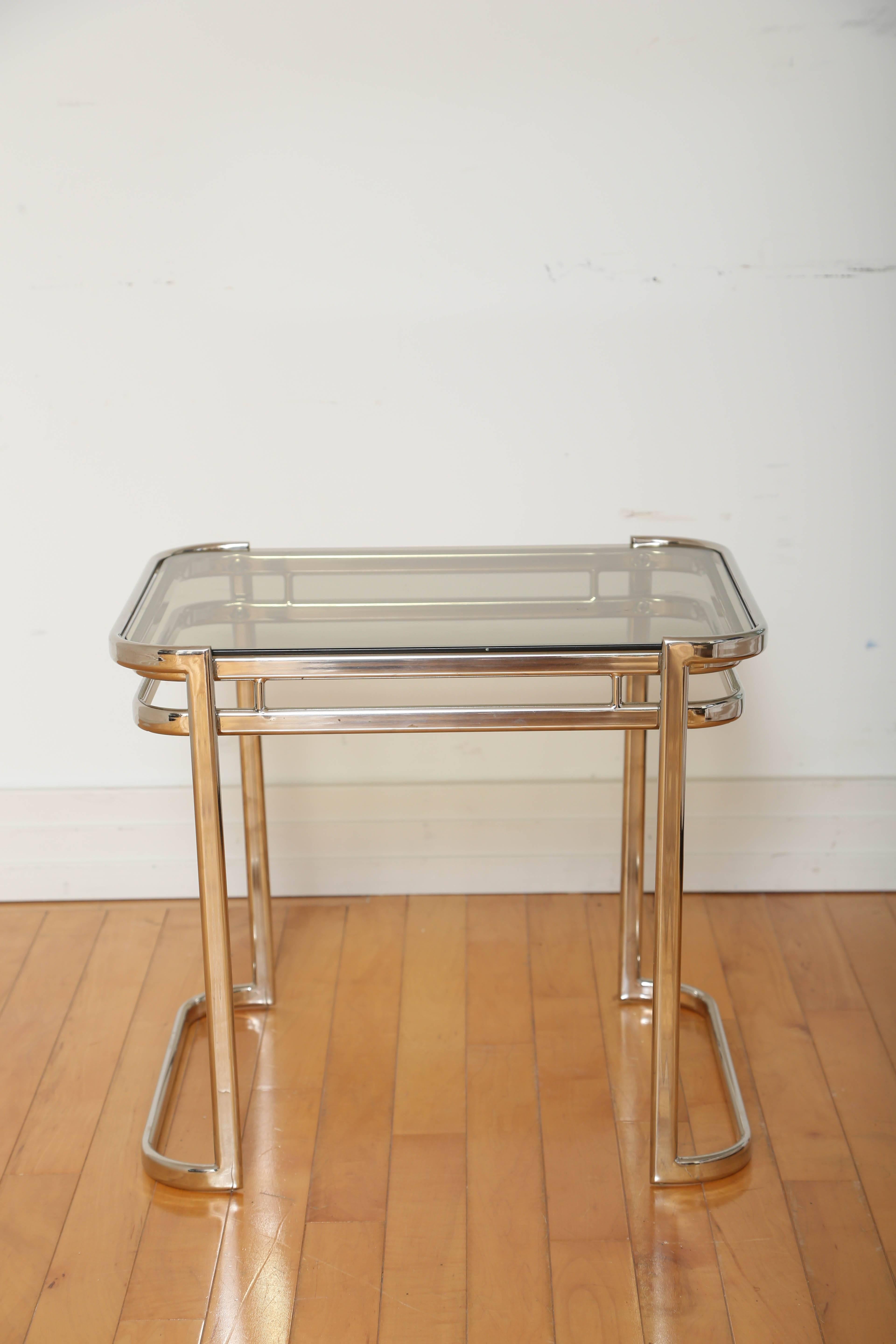 Polished Pair of Italian 1970s Modern Side Tables in Chrome and Smoked Grey Glass