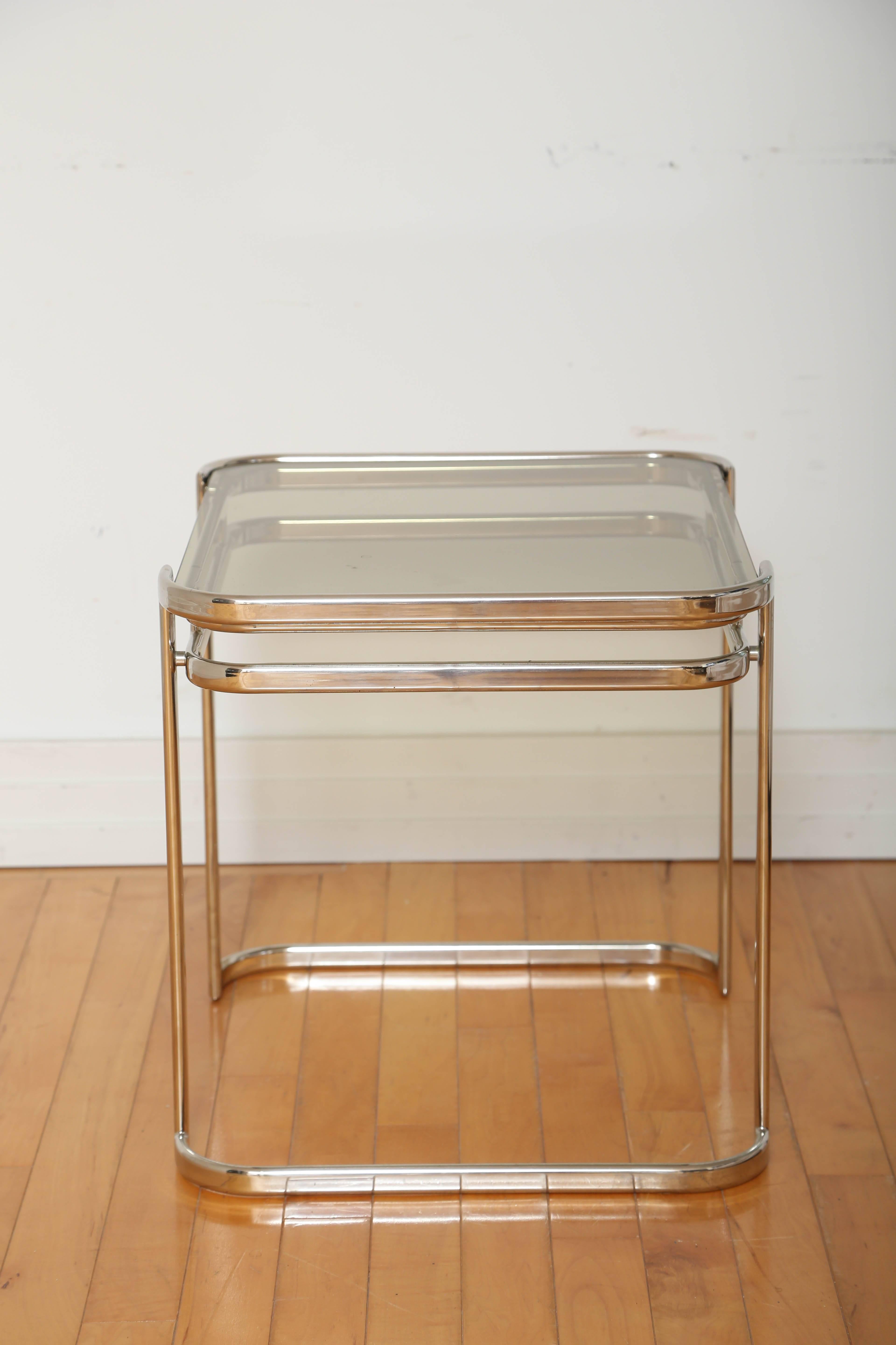 Pair of Italian 1970s Modern Side Tables in Chrome and Smoked Grey Glass In Excellent Condition In Fort Lauderdale, FL