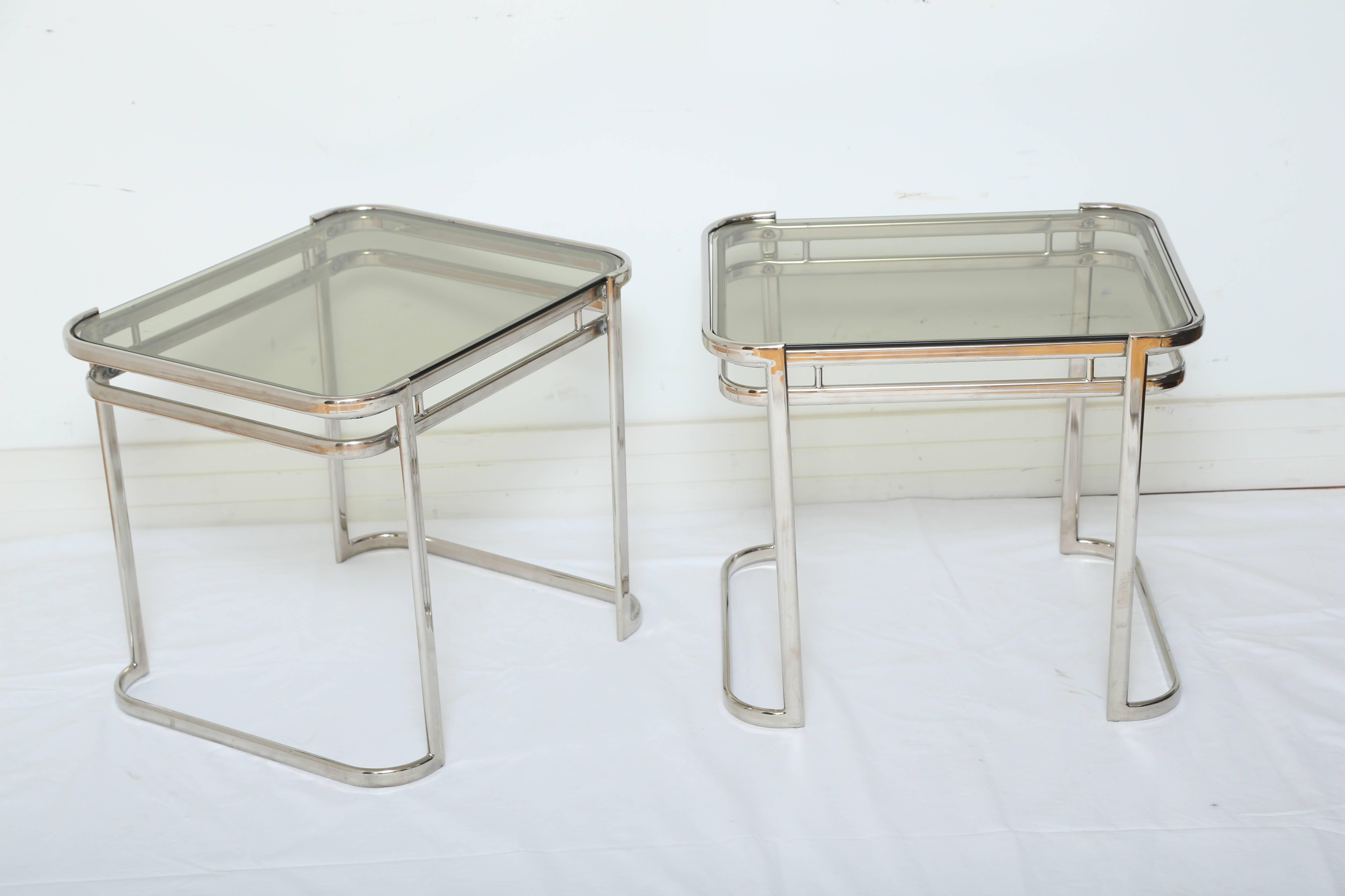 Late 20th Century Pair of Italian 1970s Modern Side Tables in Chrome and Smoked Grey Glass
