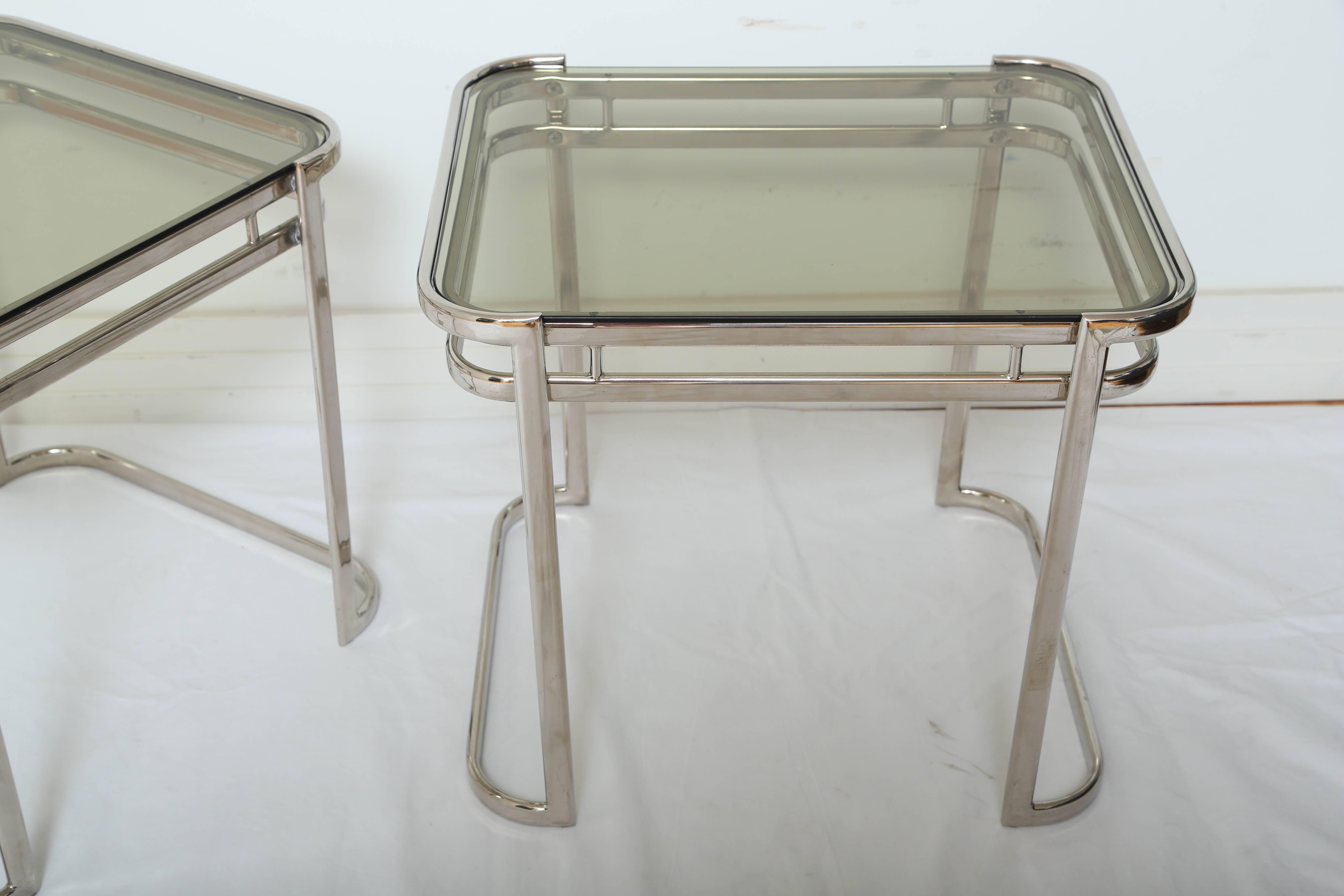 Smoked Glass Pair of Italian 1970s Modern Side Tables in Chrome and Smoked Grey Glass