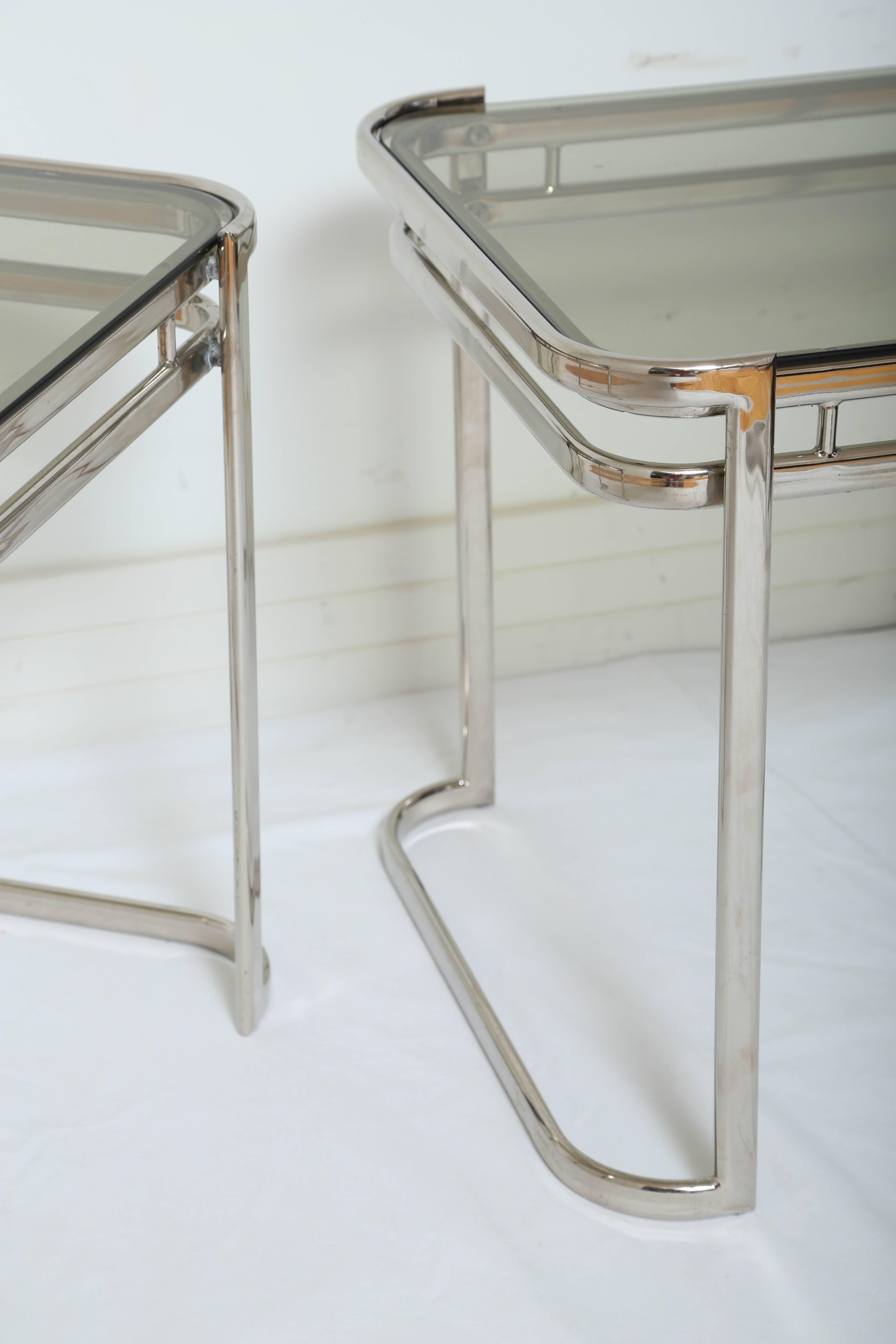 Pair of Italian 1970s Modern Side Tables in Chrome and Smoked Grey Glass 3
