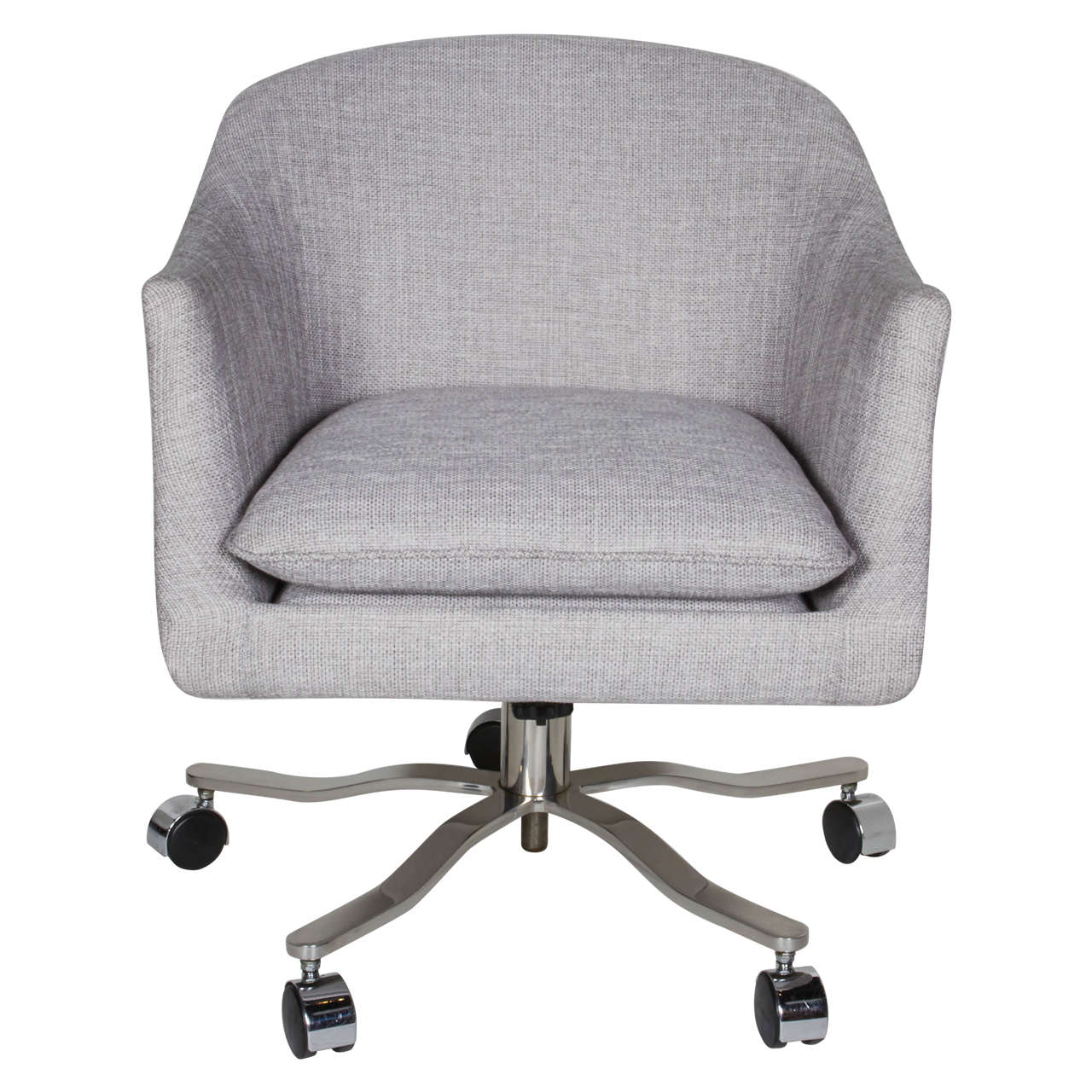 Midcentury desk chair with barrel back form. Elegant seamless shape that can swivel 360° and the height of the seat can be adjusted via the corkscrew centre rod. Upholstered in an elegant light grey woven fabric, with removable seat cushion. The
