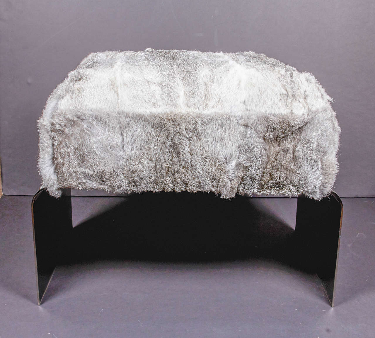 Hand-Crafted Grey Rabbit Fur Ottoman Bench with Black Chrome Base For Sale