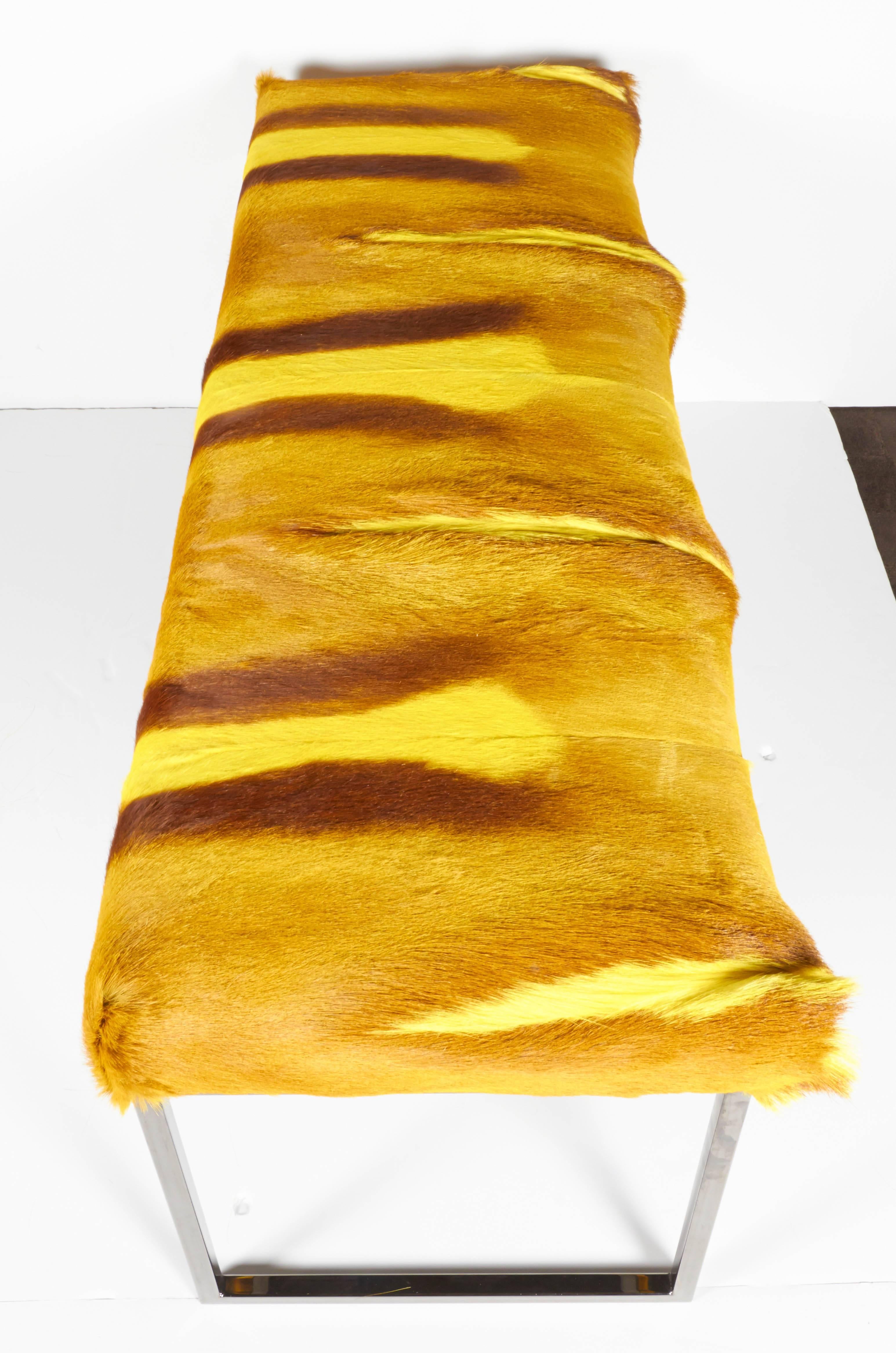 Mid-Century Modern Bespoke Bench in Exotic Springbok Fur in Vibrant Hues of Yellow