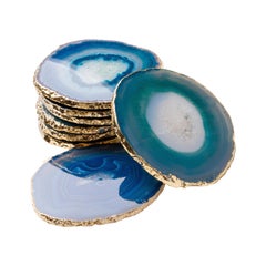 Set of Eight Semi-Precious Gemstone Coasters in Teal Wrapped in 24-Karat Gold
