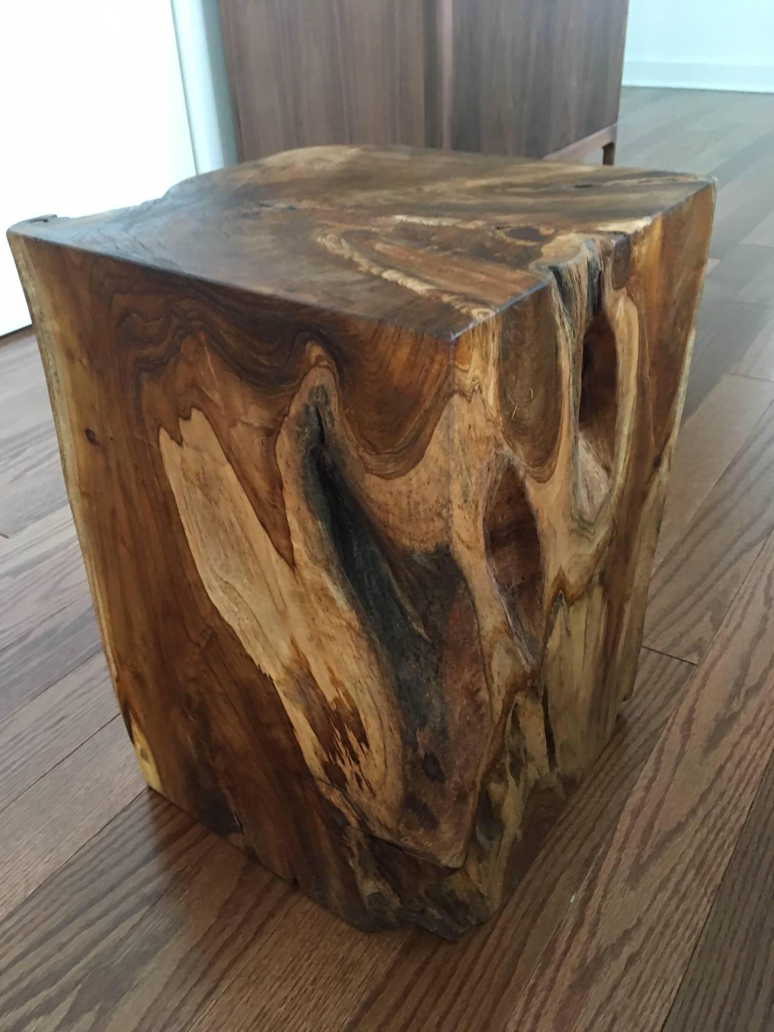 Organic modern cube side table or drink table made of reclaimed teak root wood from Indonesia. Gorgeous natural wood coloration and wood variations on all four sides.