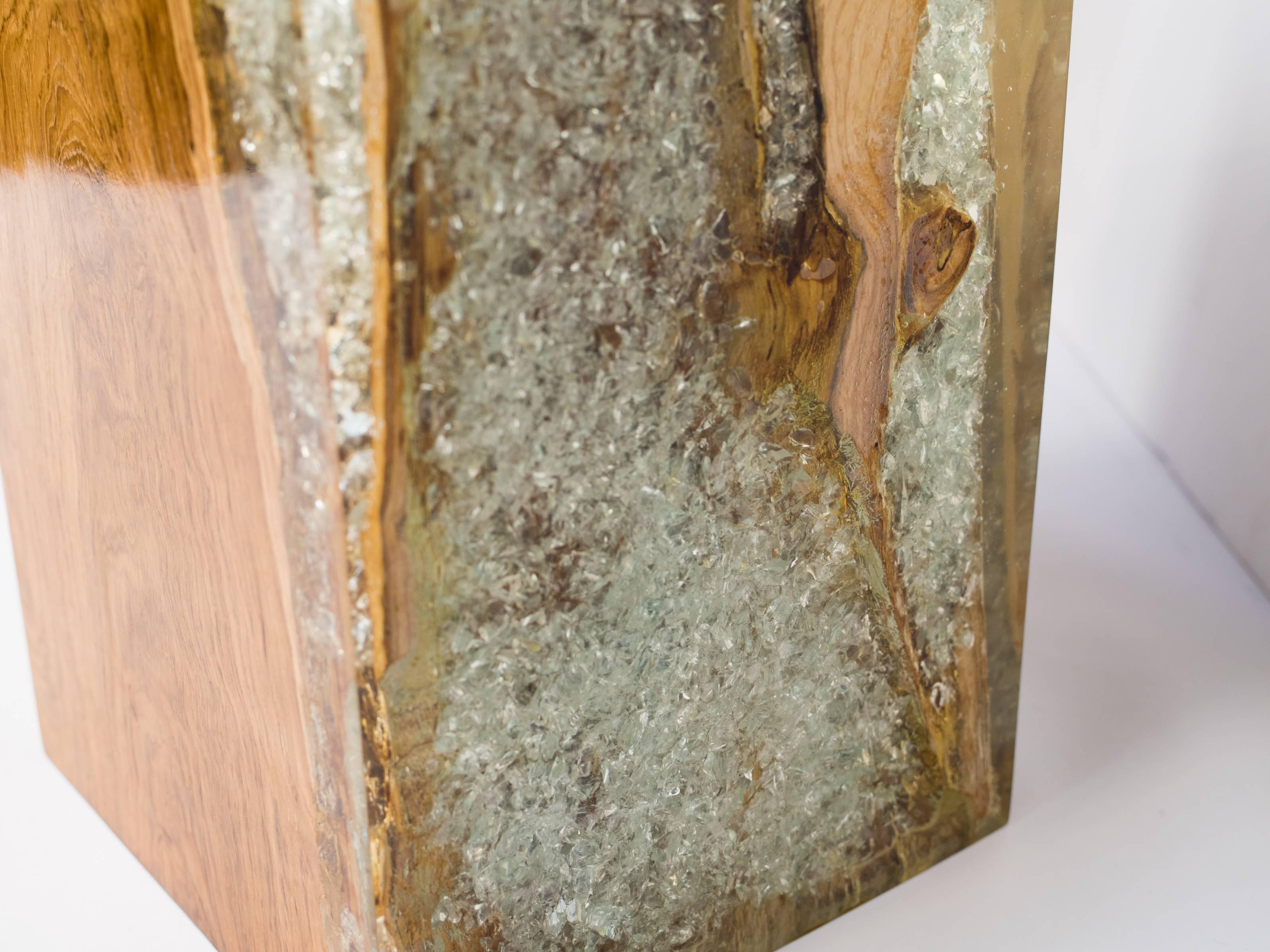 Pair of Indonesian Bleached Teak Wood and Cracked Resin Side Tables 2
