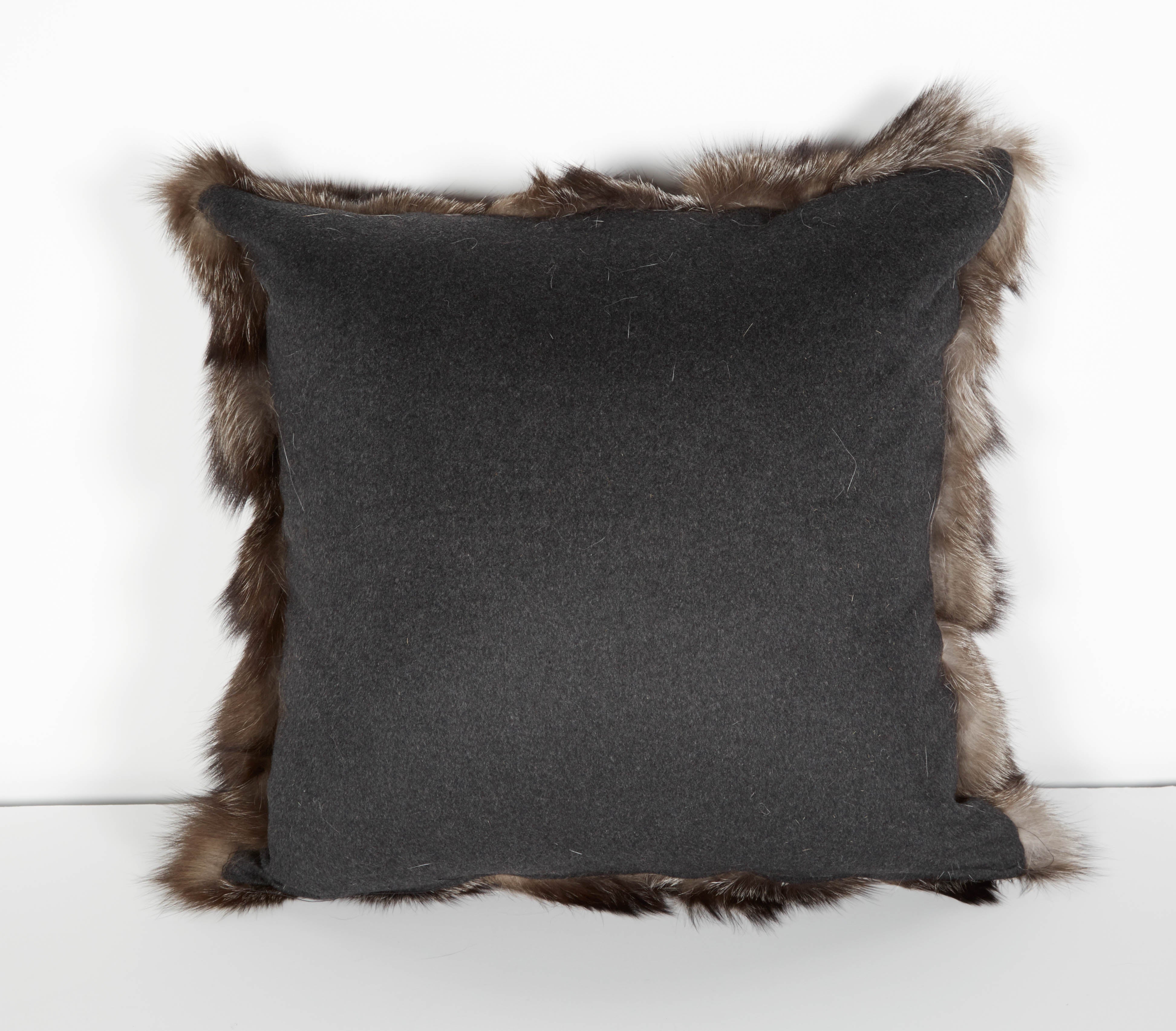 Organic Modern Genuine Silver Fox Fur Pillow with Cashmere Back