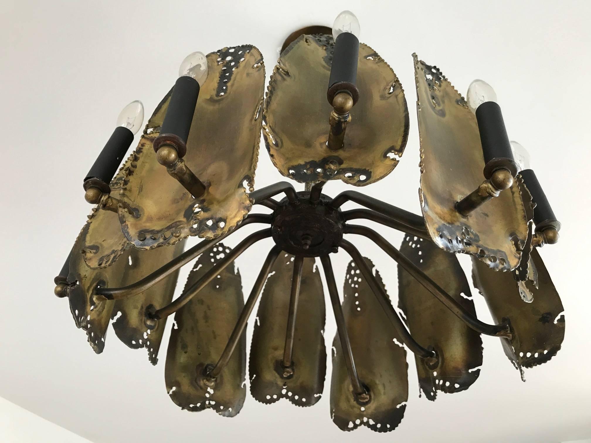 Metal Midcentury Brutalist Chandelier Designed by Tom Greene